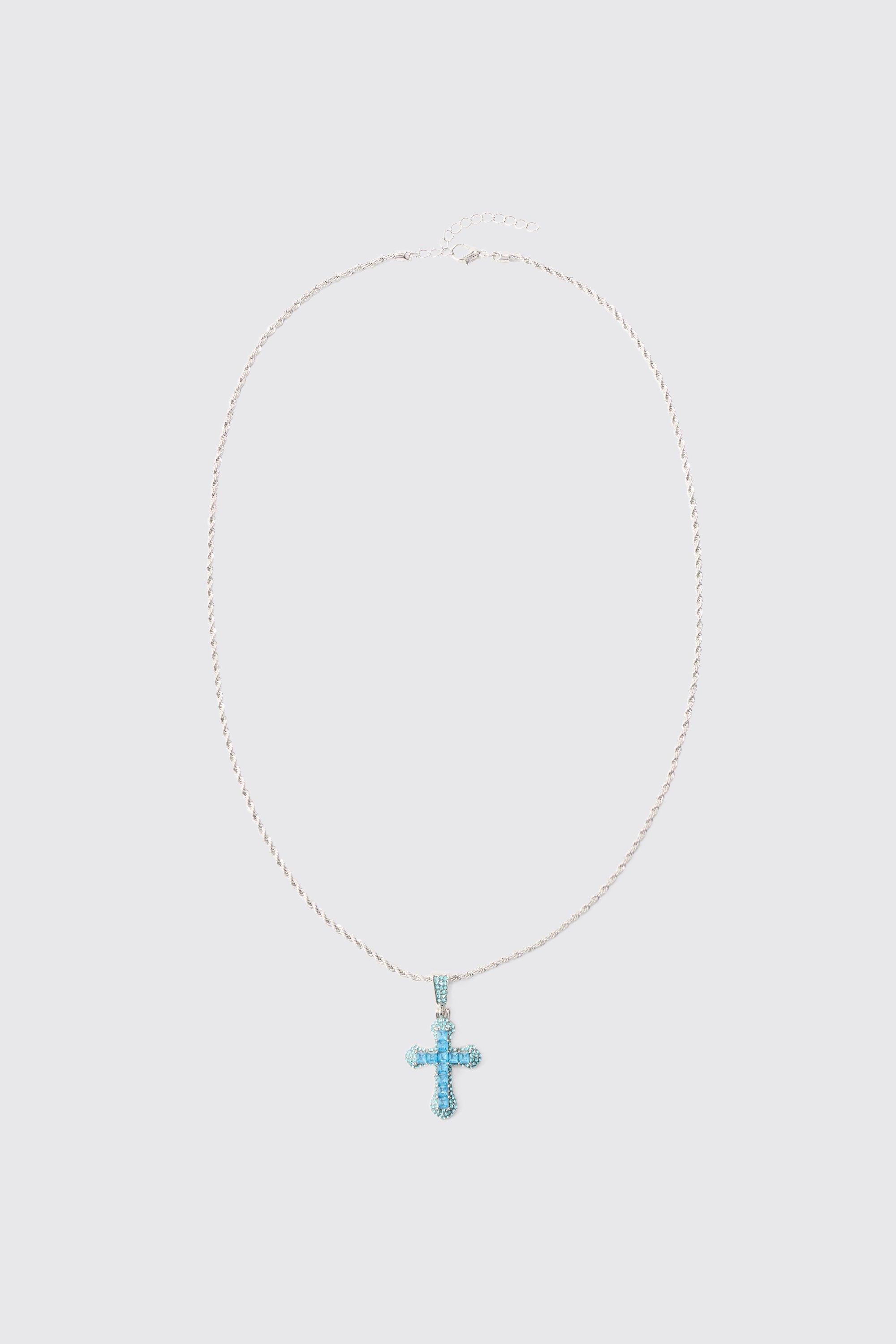 Mens Iced Cross Pendant Necklace In Blue, Blue