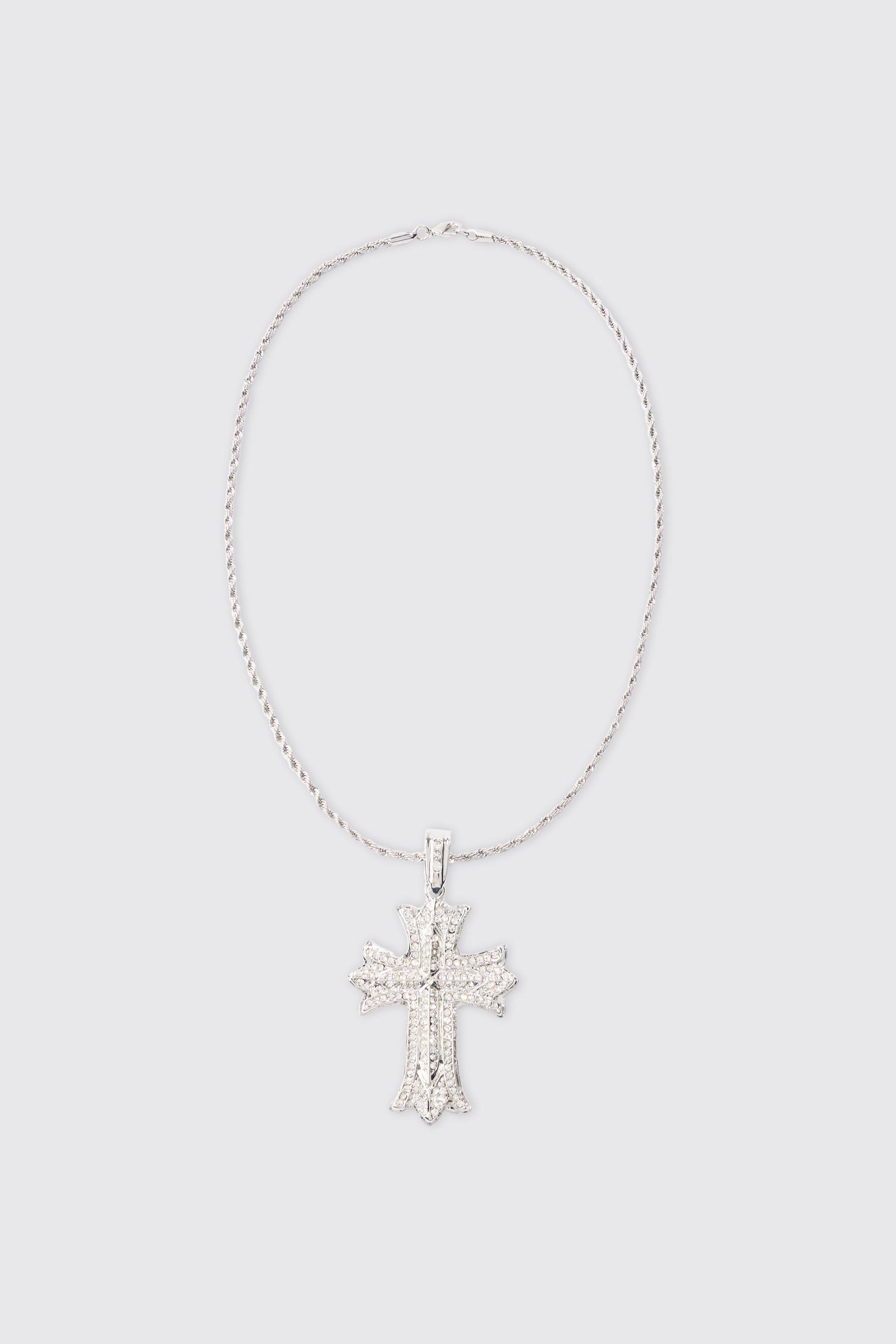 Mens Grey Iced Gothic Cross Pendant Necklace In Silver, Grey