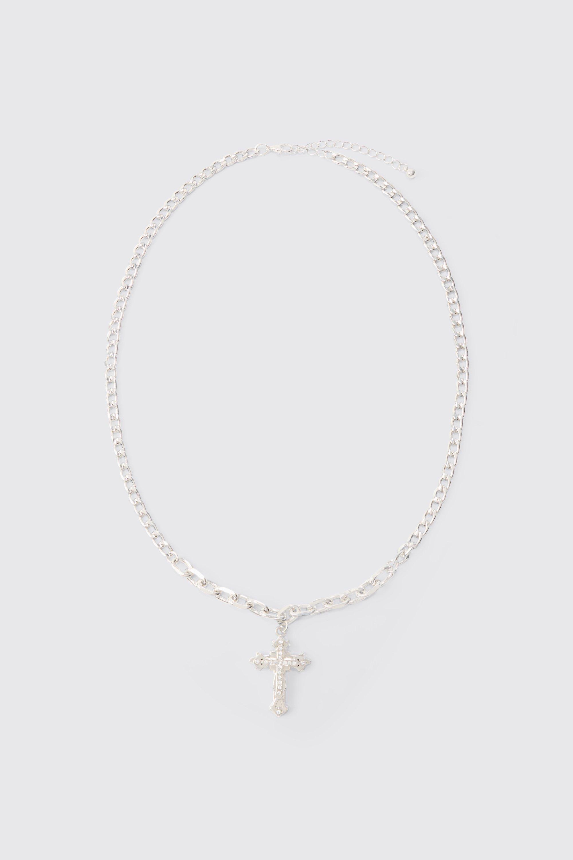 Mens Grey Chain Detail Cross Necklace In Silver, Grey