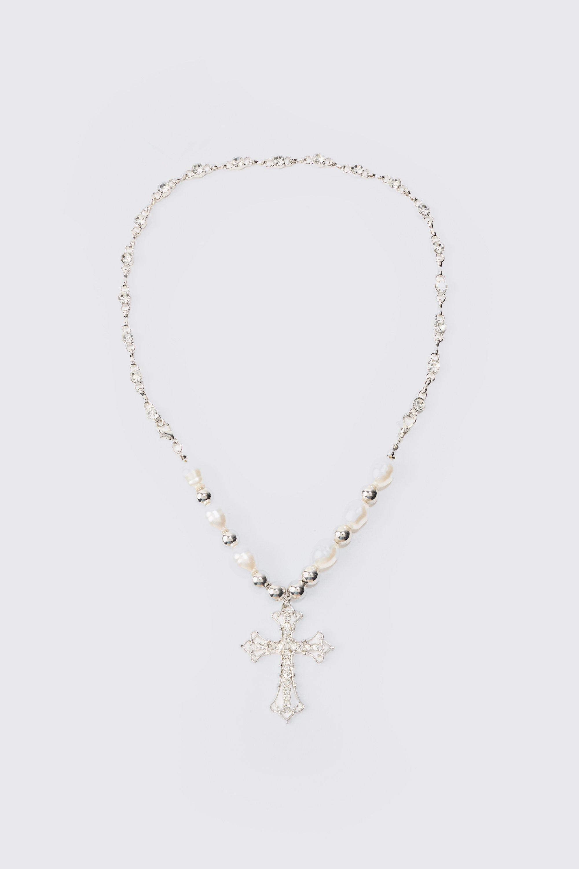 Image of Collana a croce di perle in argento, Grigio