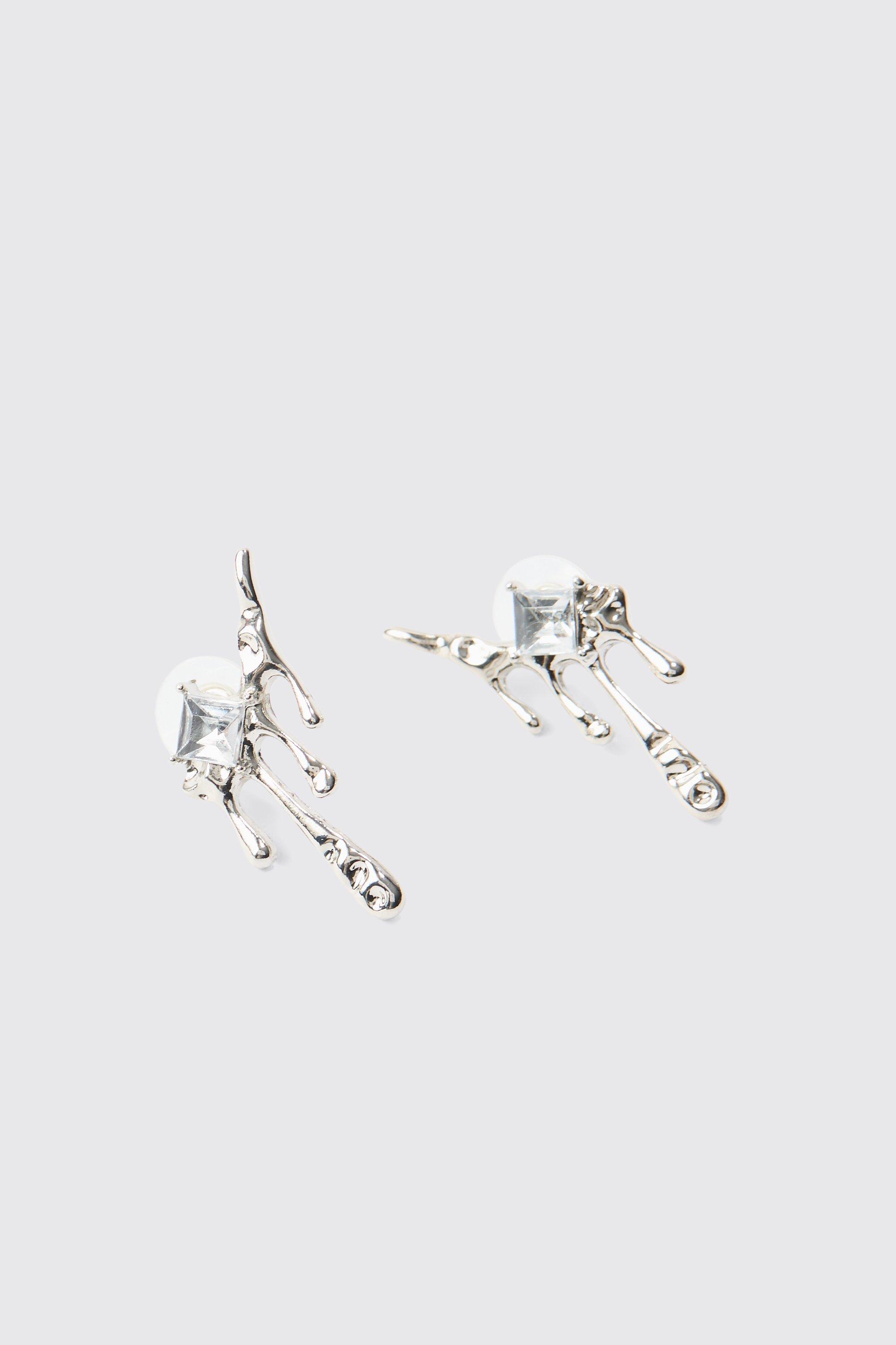 Mens Grey Pair Of Drip Metal Iced Earrings In Silver, Grey