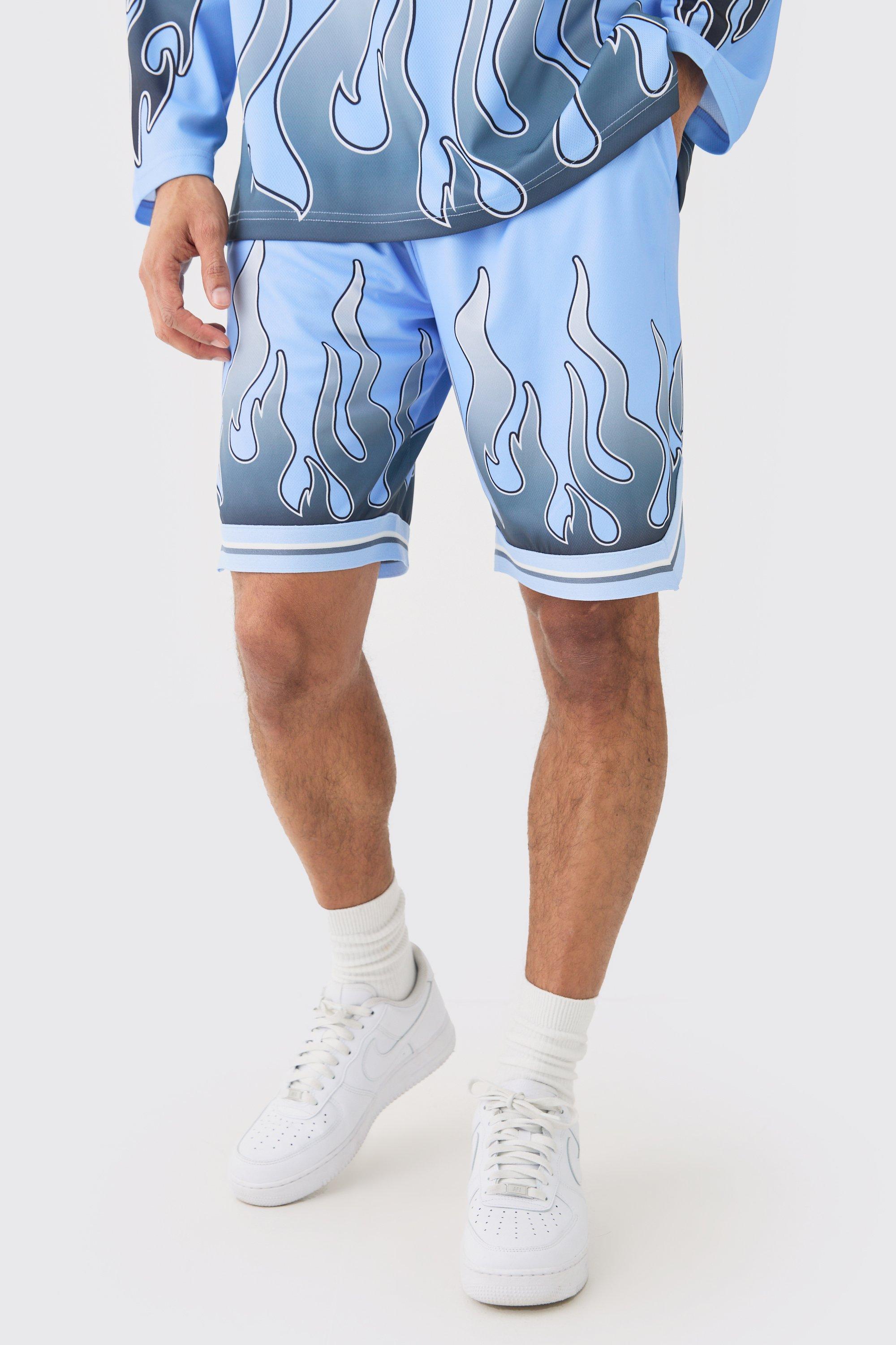 Image of Flame Graphic Mesh Basketball Shorts, Azzurro