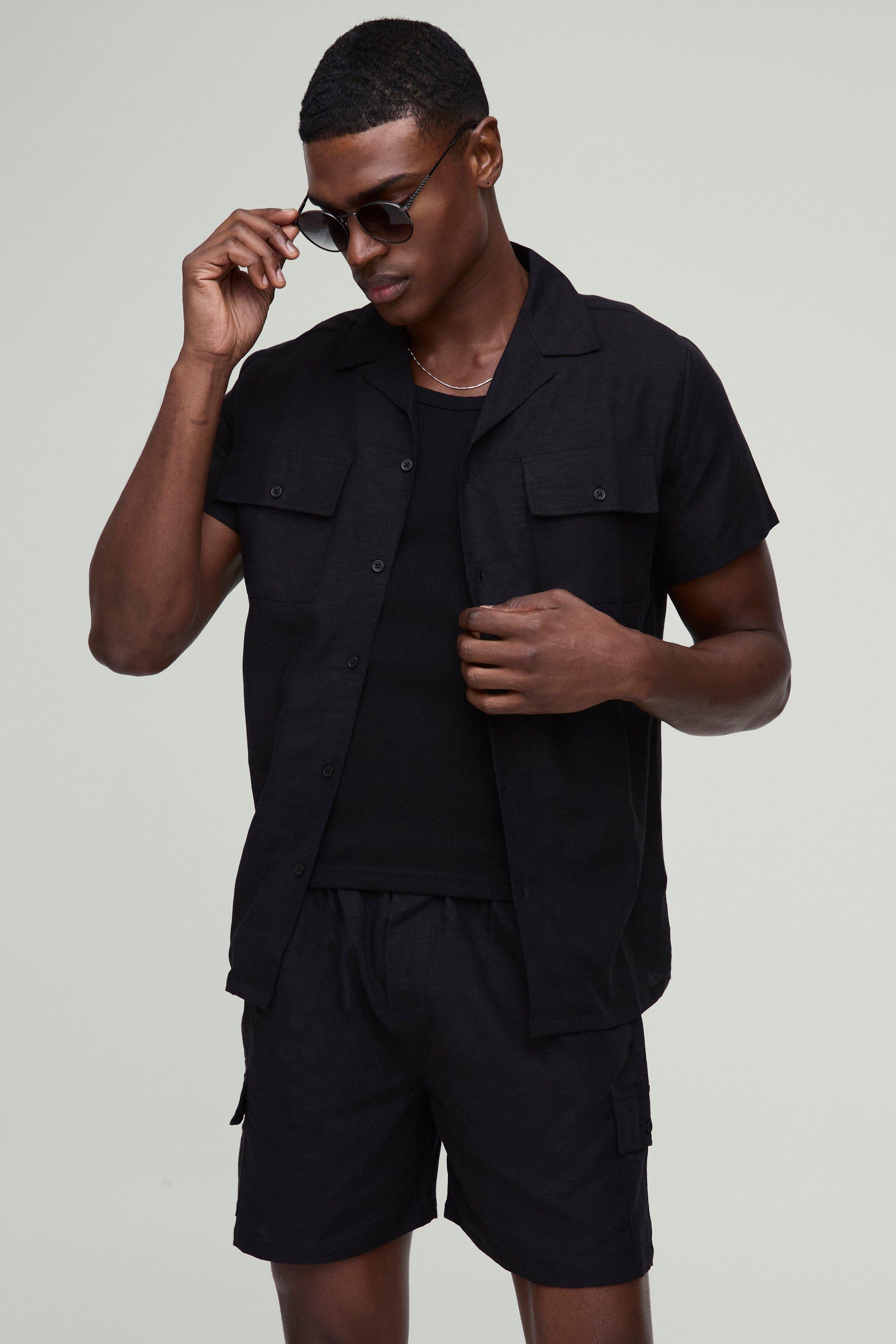 Mens Black Short Sleeve Linen Blend Cargo Shirt & Short, Black