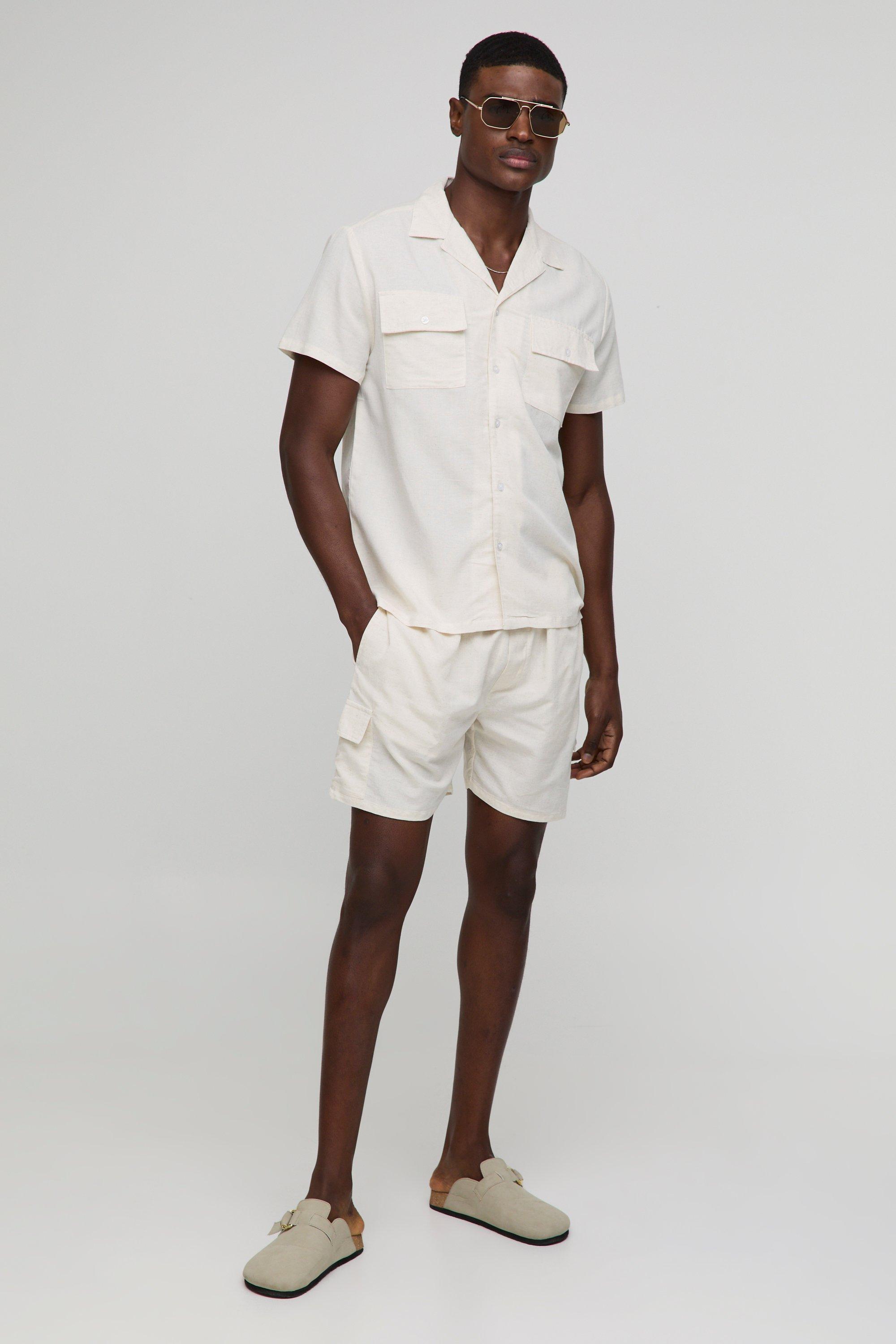 Mens Beige Short Sleeve Linen Blend Cargo Shirt & Short Set, Beige