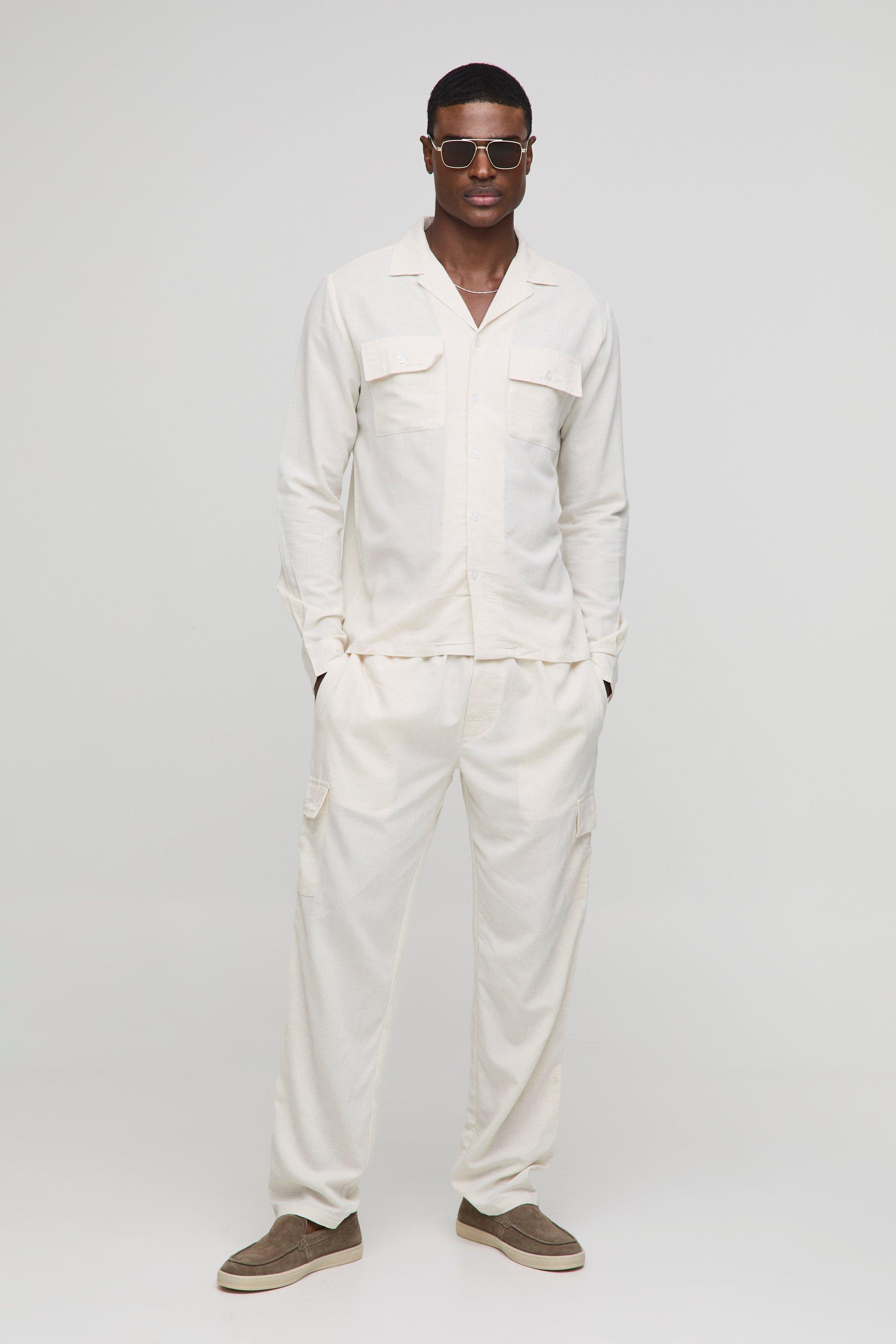 Mens Beige Long Sleeve Linen Blend Cargo Shirt & Trouser, Beige
