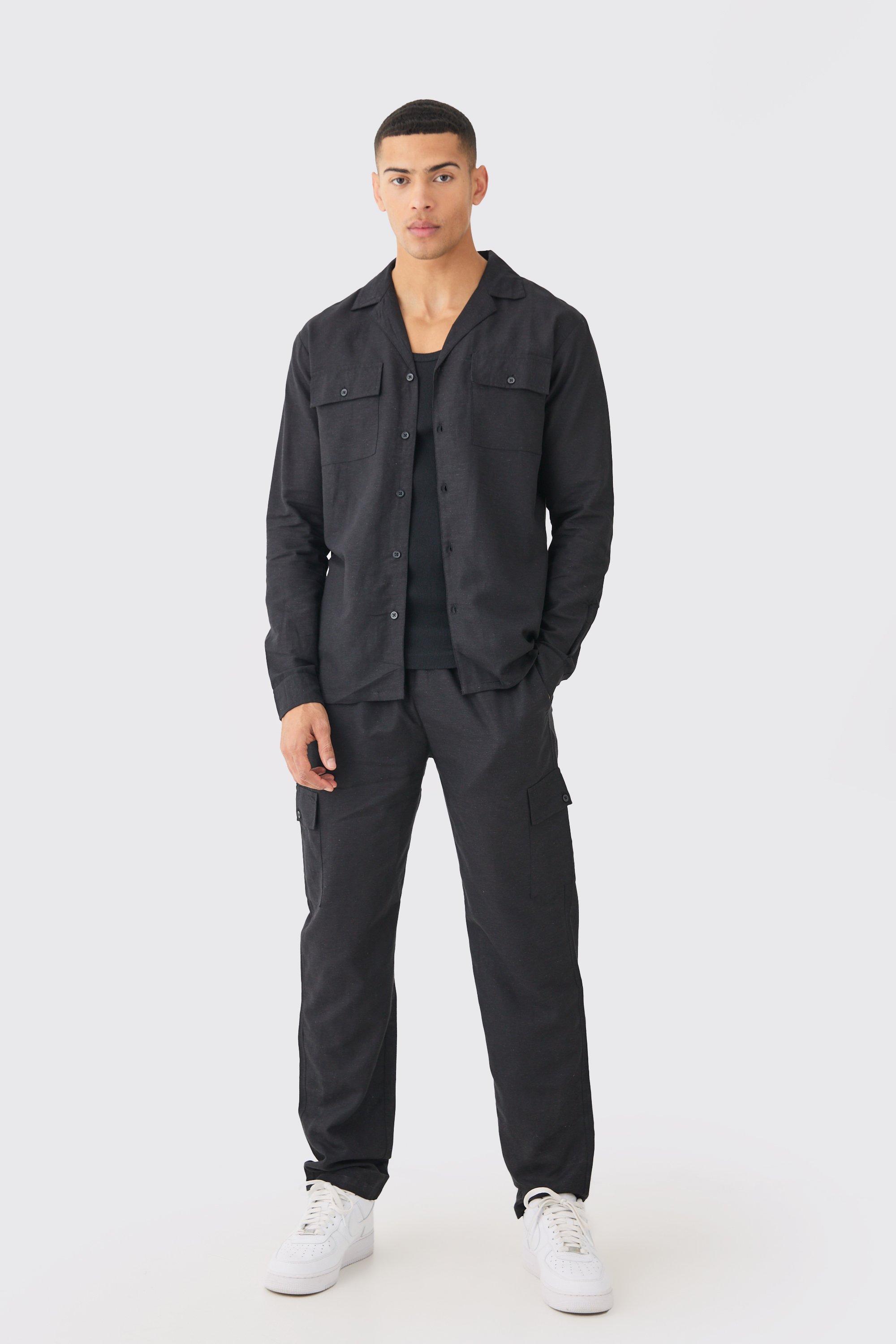 Image of Long Sleeve Linen Cargo Shirt & Trouser, Nero