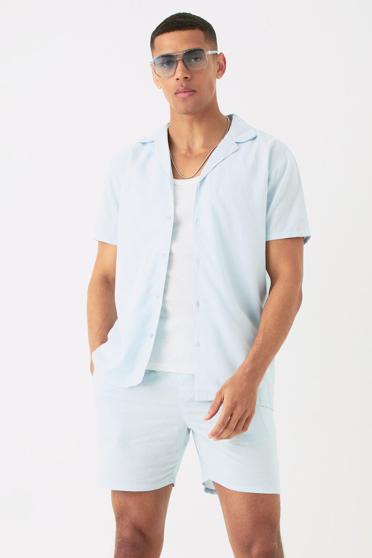 Mens Blue Short Sleeve Linen Shirt & Short Set, Blue