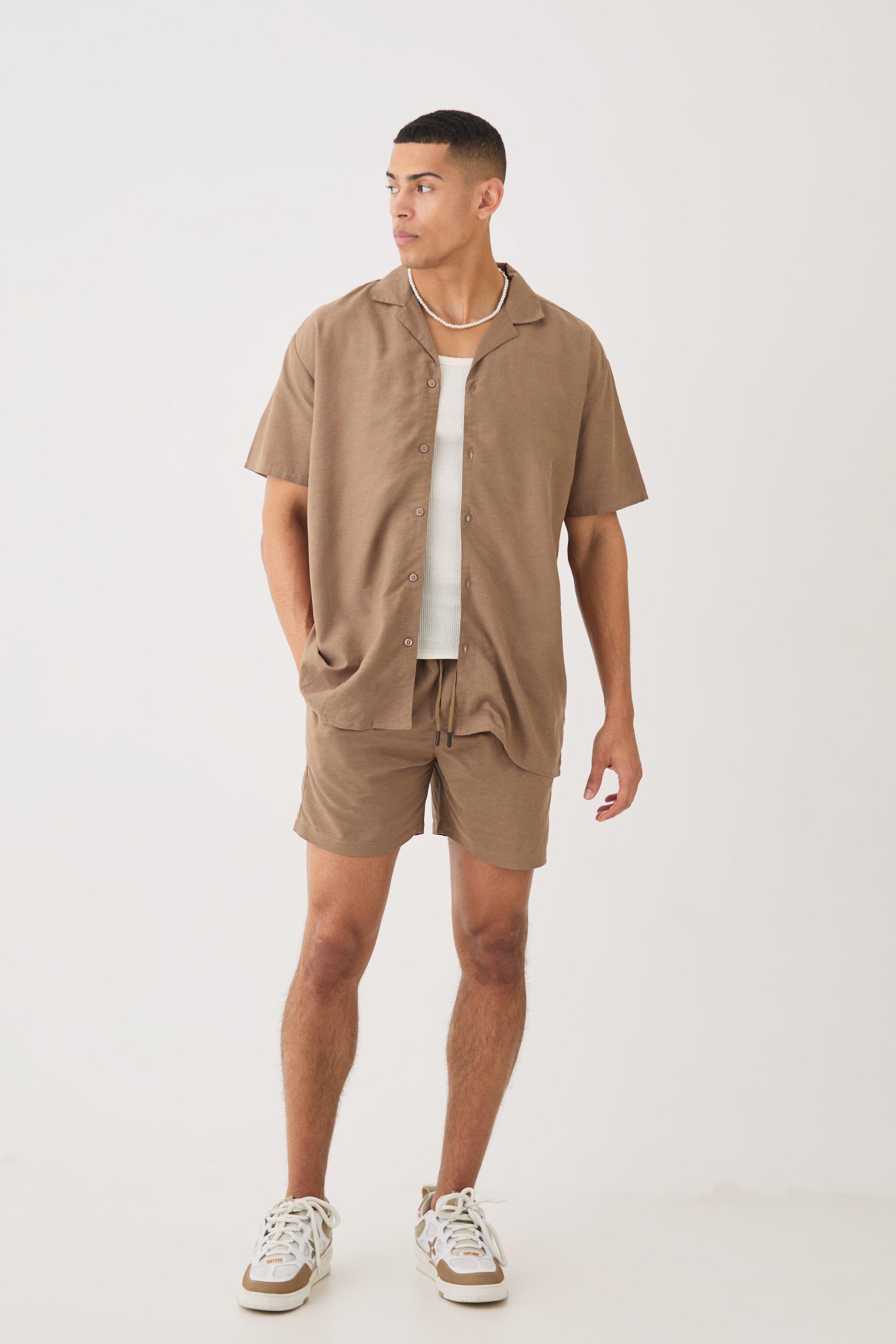 Image of Short Sleeve Oversized Linen Shirt & Short, Brown