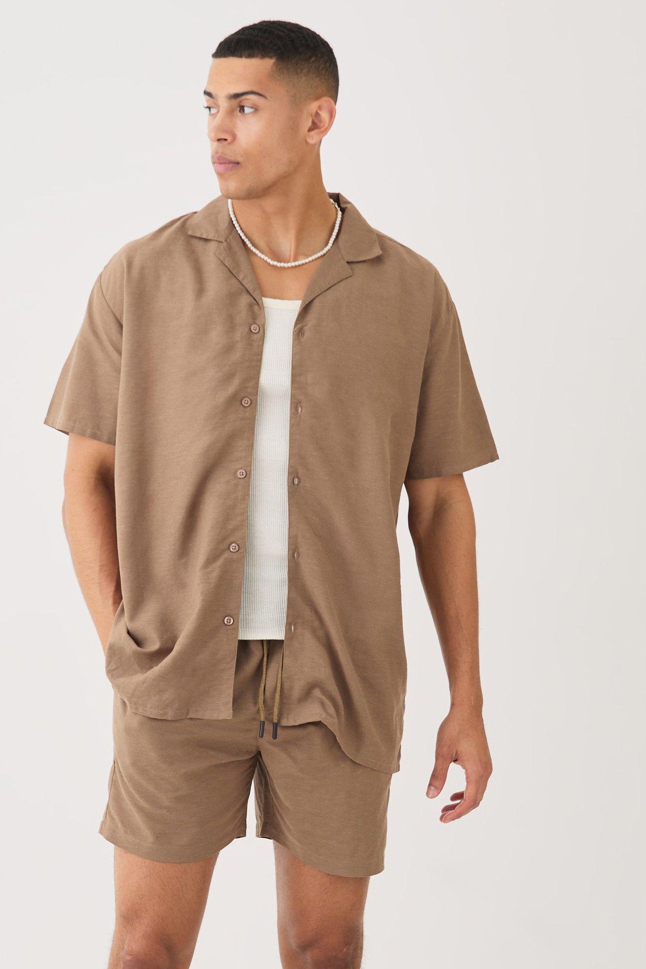 Mens Brown Short Sleeve Oversized Linen Blend Shirt & Short Set, Brown