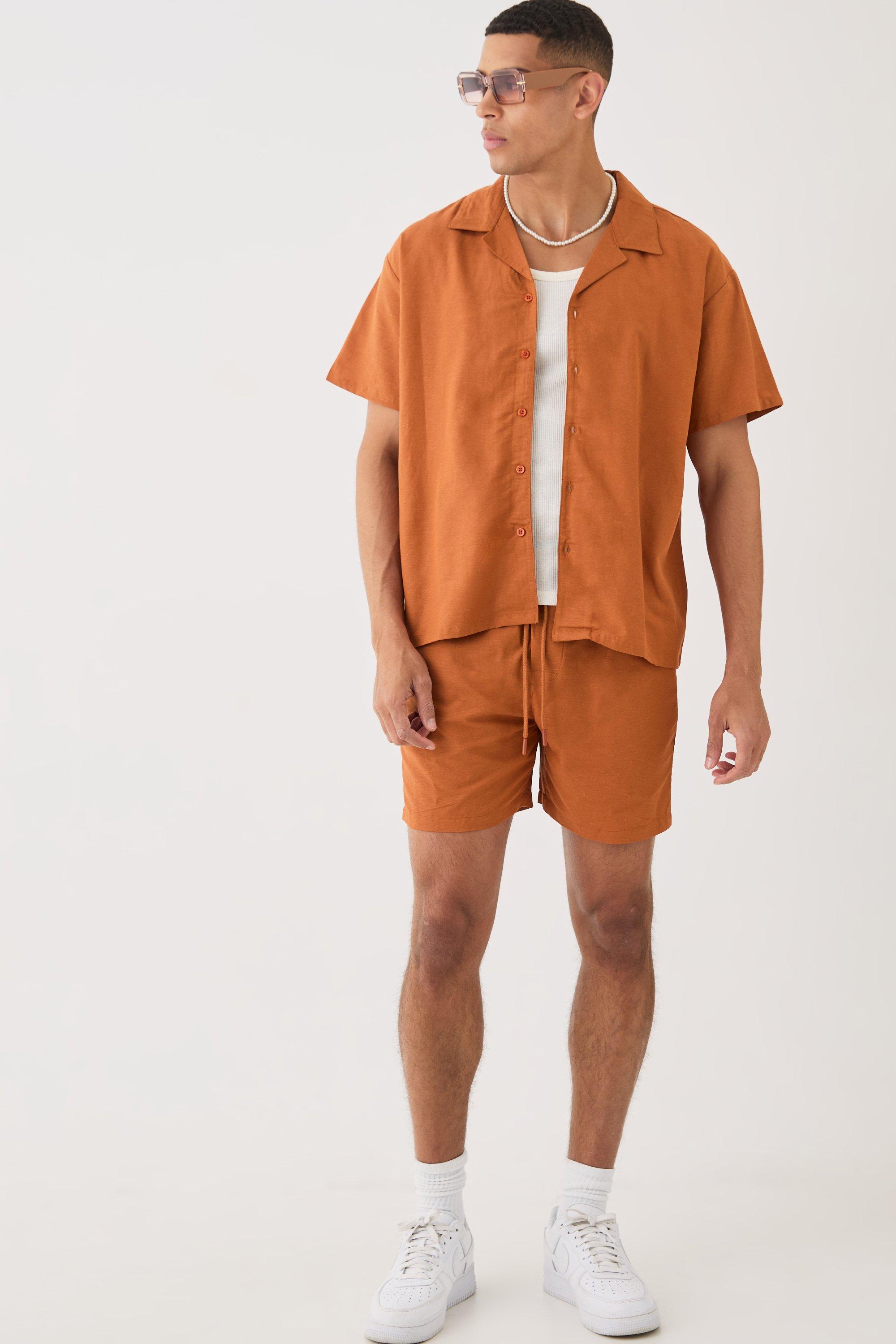 Image of Short Sleeve Boxy Linen Shirt & Short, Brown