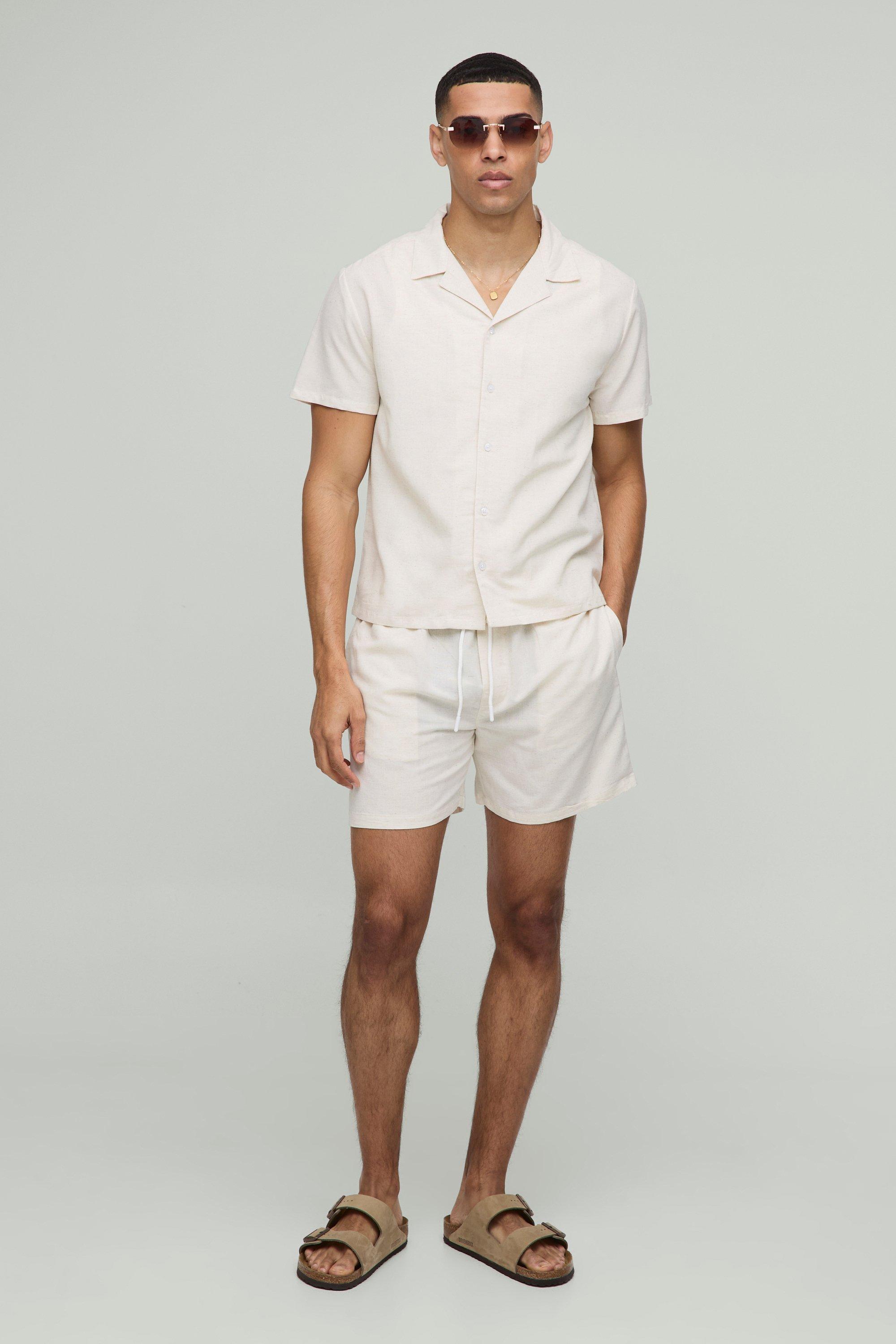 Mens Beige Regular Fit Short Sleeve Boxy Linen Blend Shirt & Short, Beige