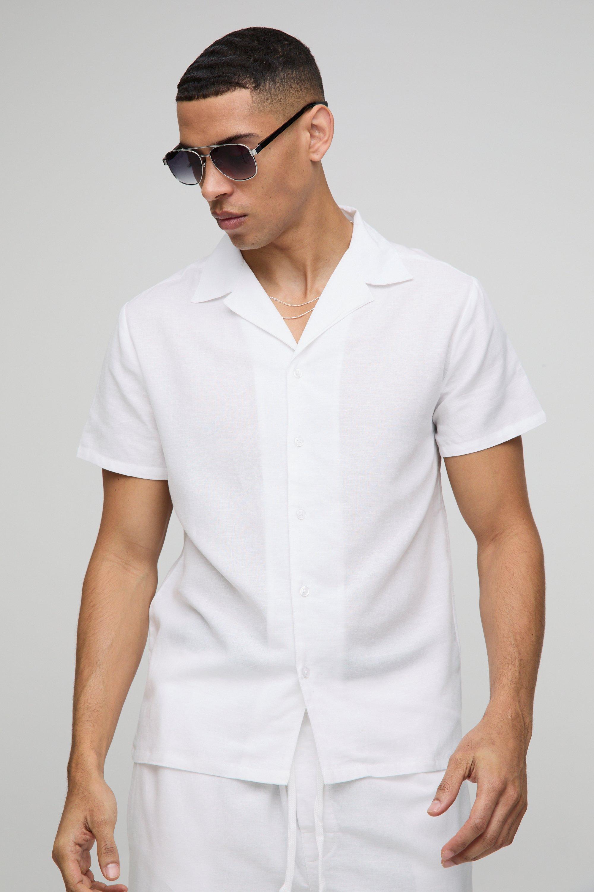 Mens White Regular Fit Short Sleeve Linen Blend Shirt, White