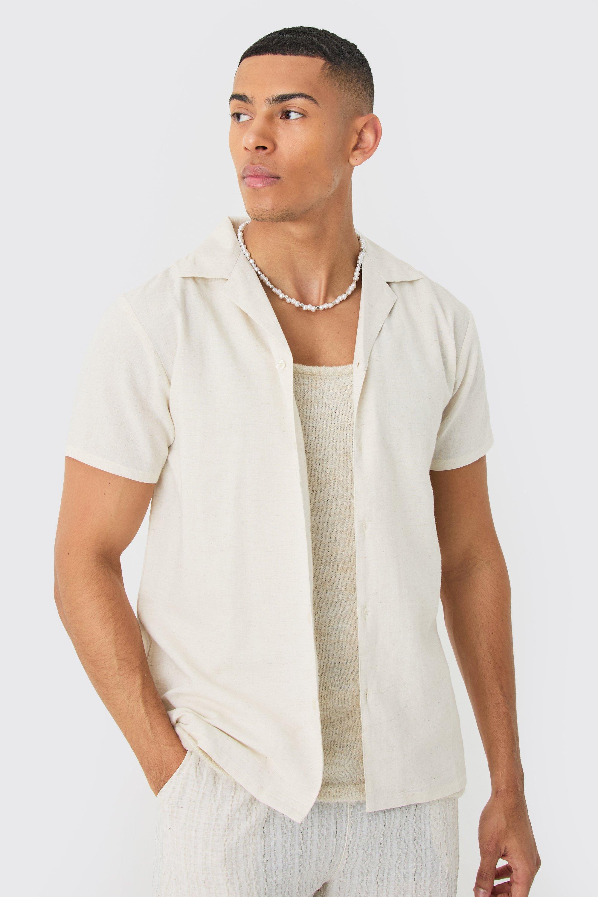 Mens Beige Short Sleeve Linen Blend Shirt, Beige