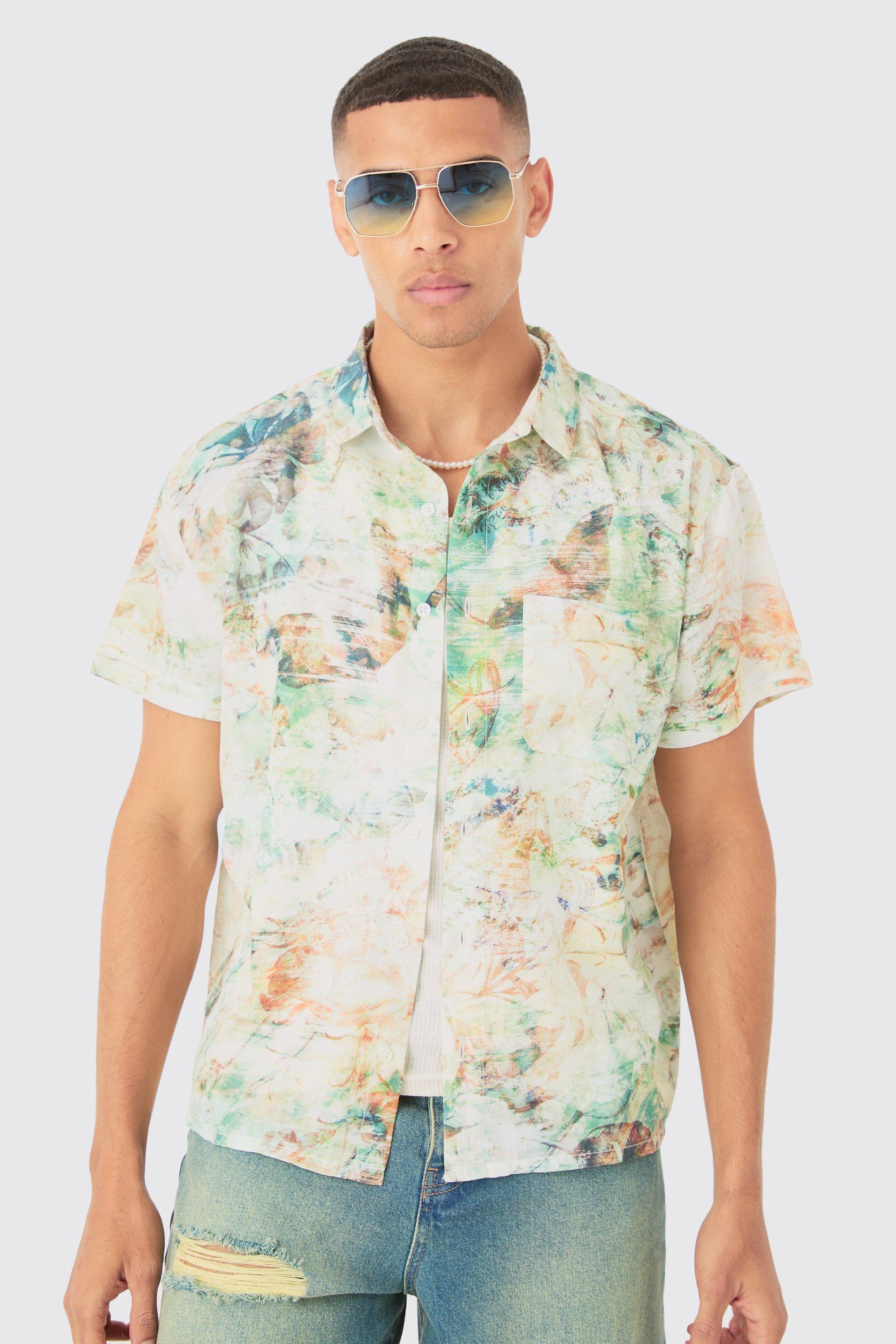 Mens Green Boxy Linen Look Watercolour Shirt, Green