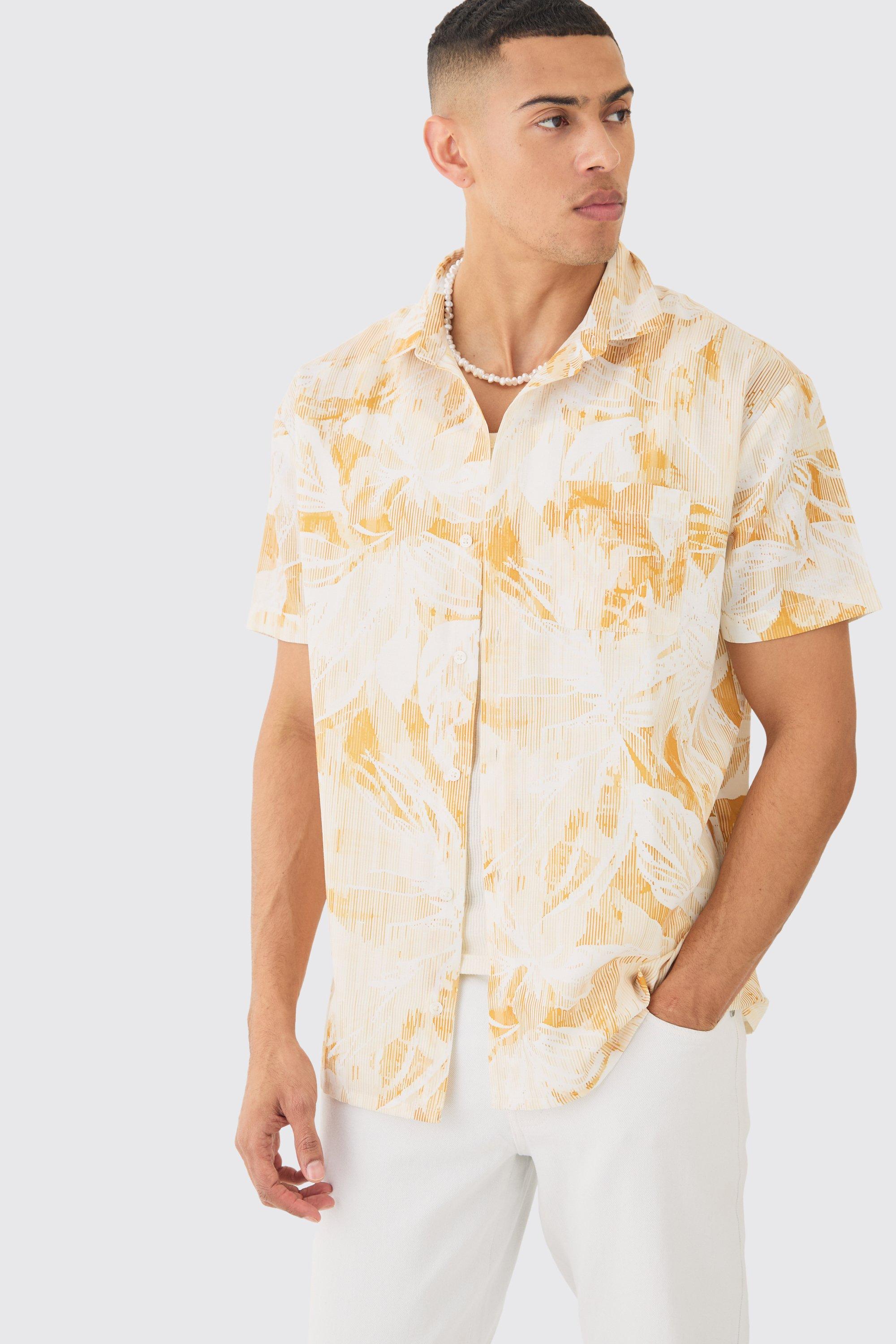 Image of Oversized Linen Look Brush Palm Shirt, Giallo