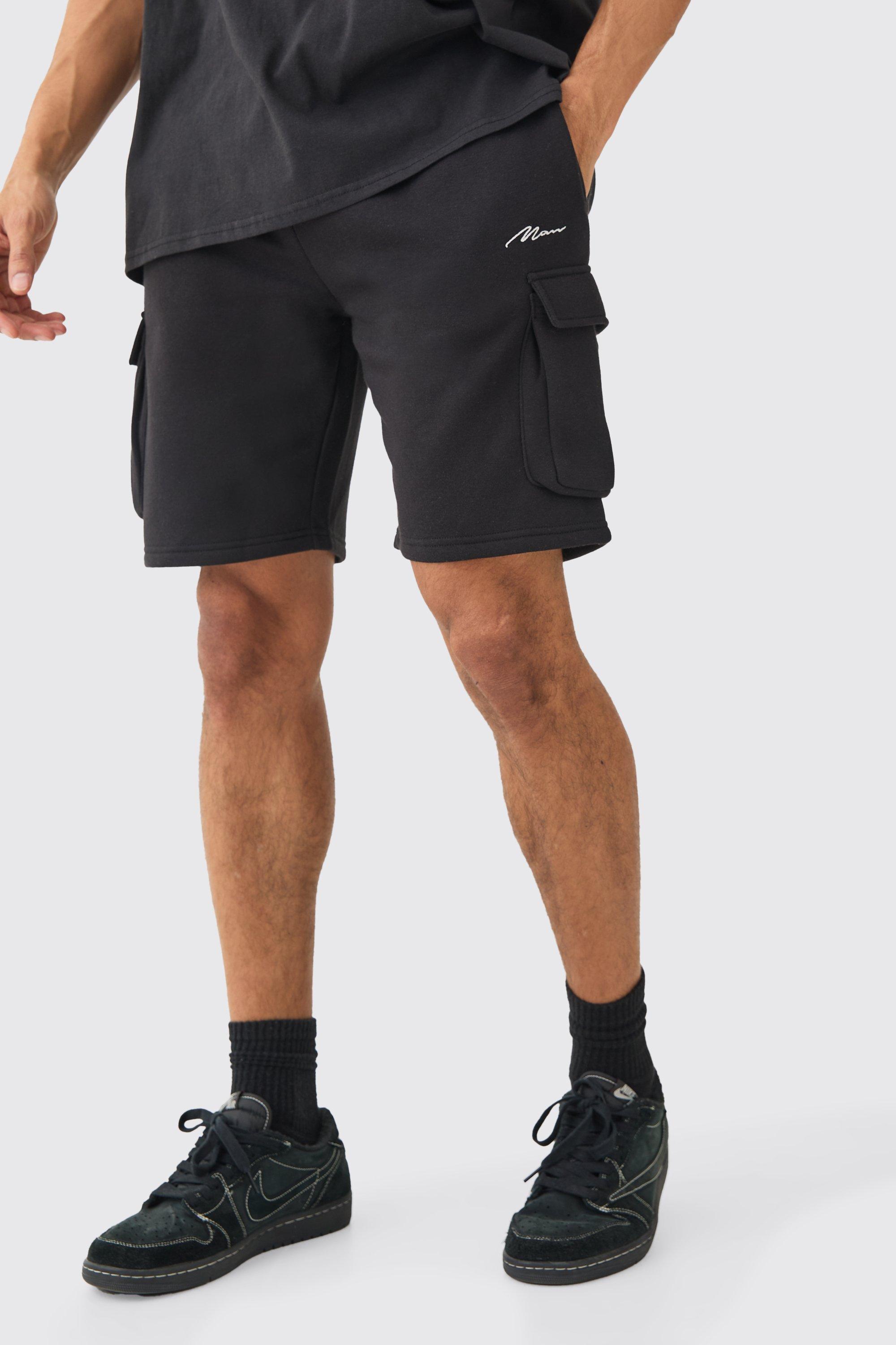 Mens Black Man Signature Loose Fit Mid Length Cargo Short, Black