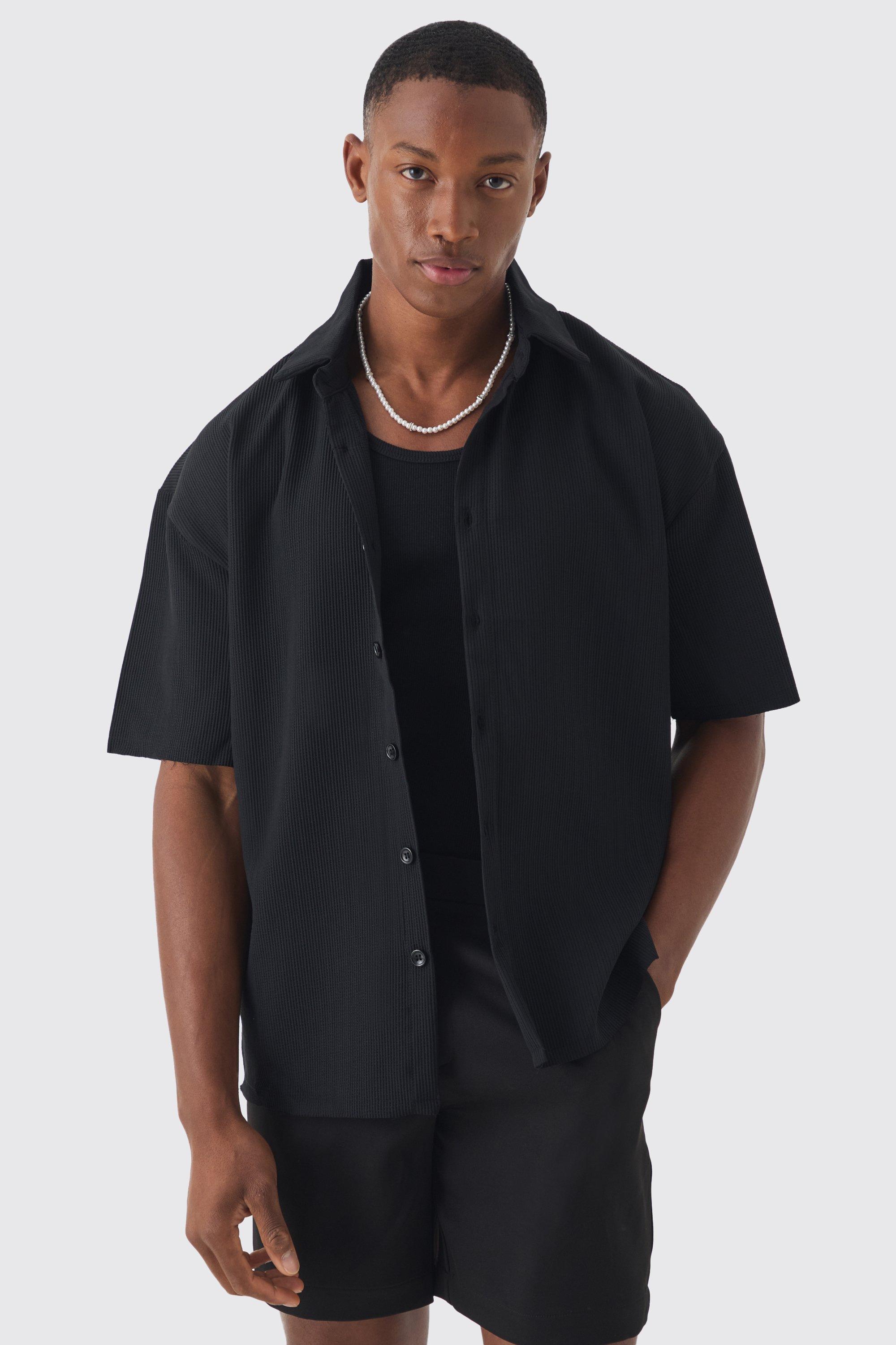 Mens Black Pleated Oversized Button Up Shirt, Black