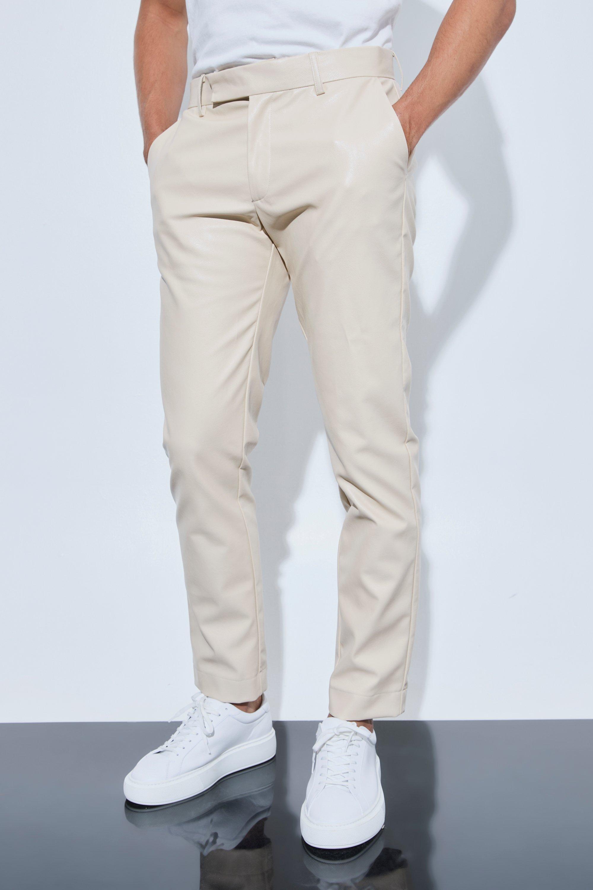 Mens Cream Slim Fit PU Trouser, Cream