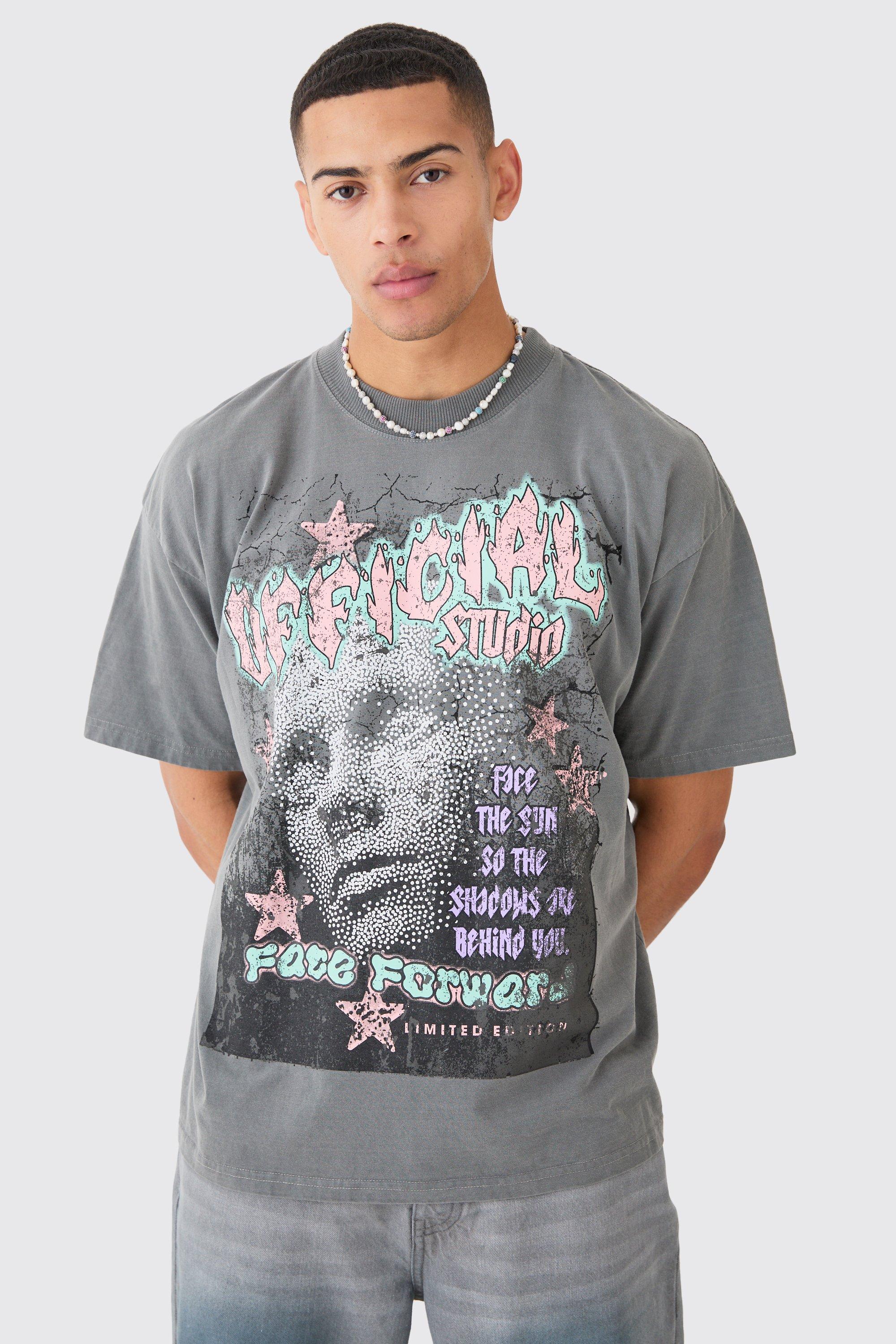 Image of T-shirt oversize sovratinta con grafica Official Face, Grigio