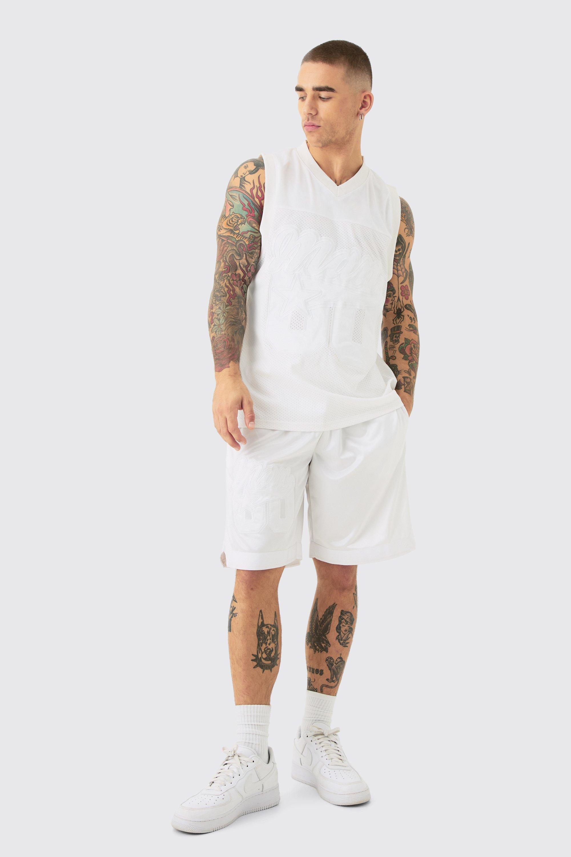 Image of Mesh And Satin Basketball Applique Vest And Short Set, Grigio