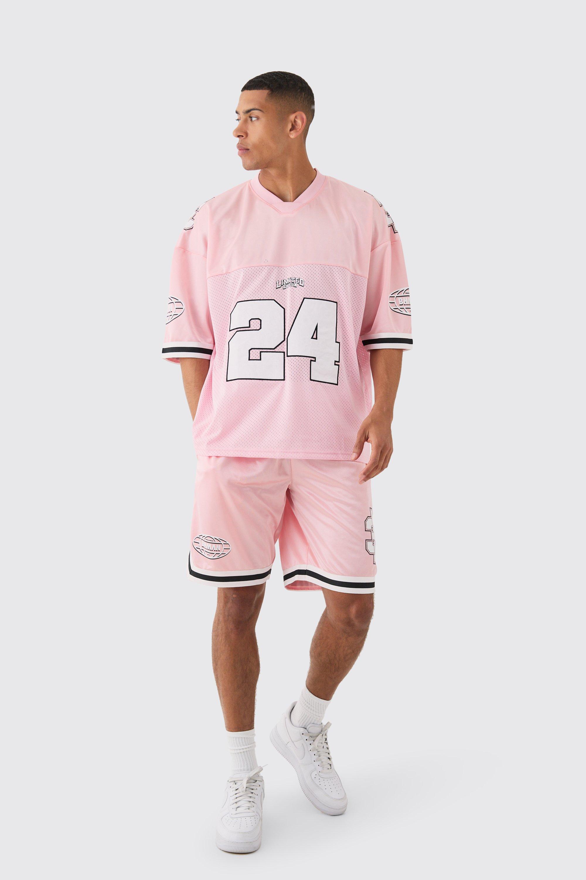 Mens Pink Mesh & Satin Applique Varsity T-shirt & Short Set, Pink