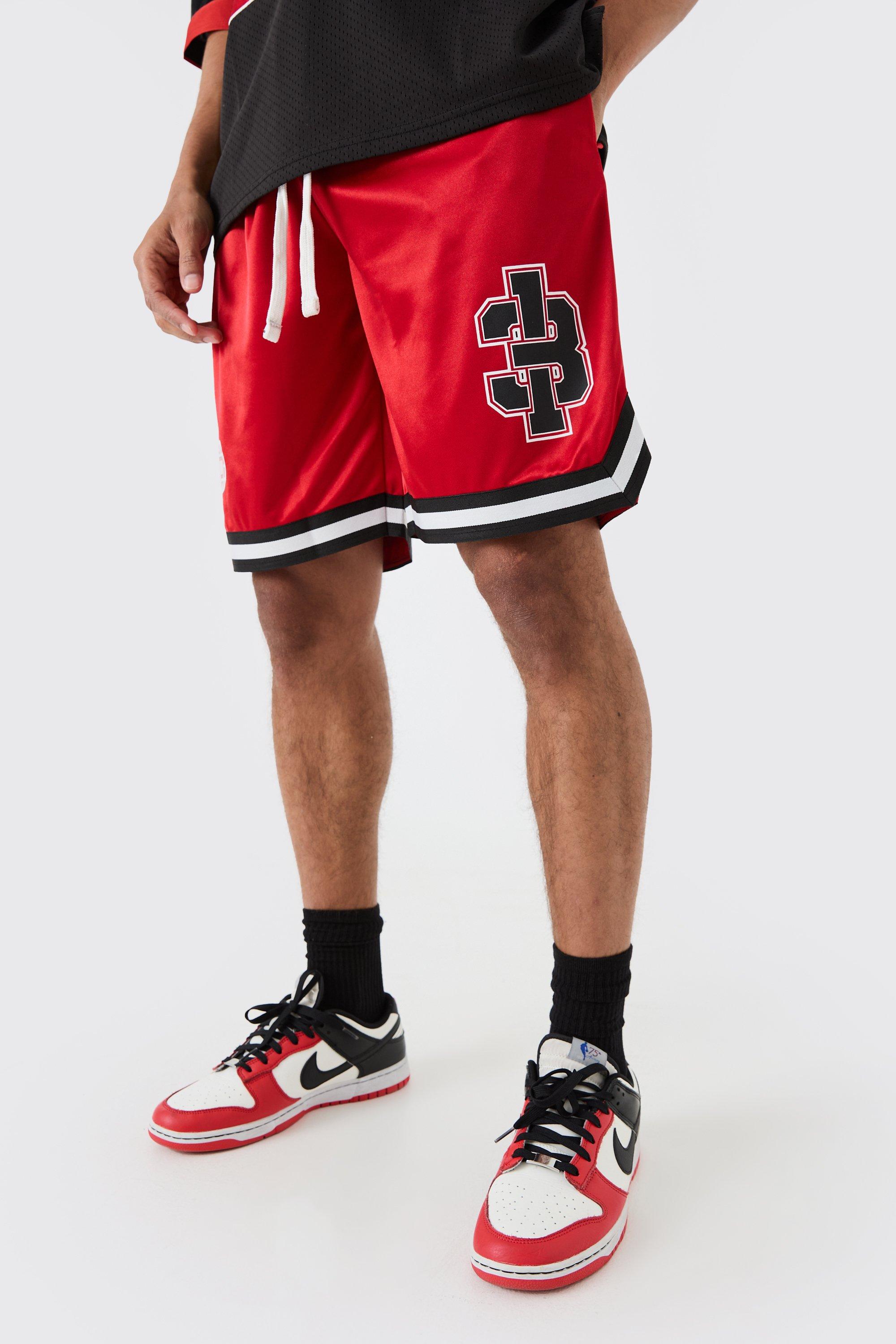 Image of Mesh And Satin Applique Baseball Short, Rosso