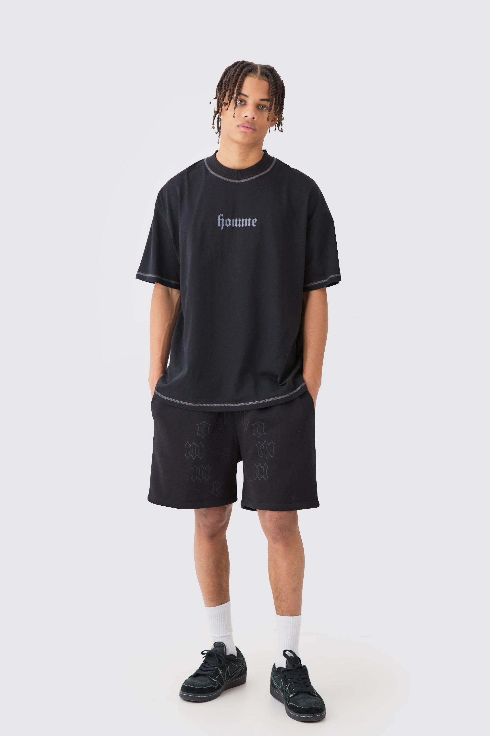 Image of Set T-shirt oversize con grafica di cuori e cuciture a contrasto & pantaloncini, Nero
