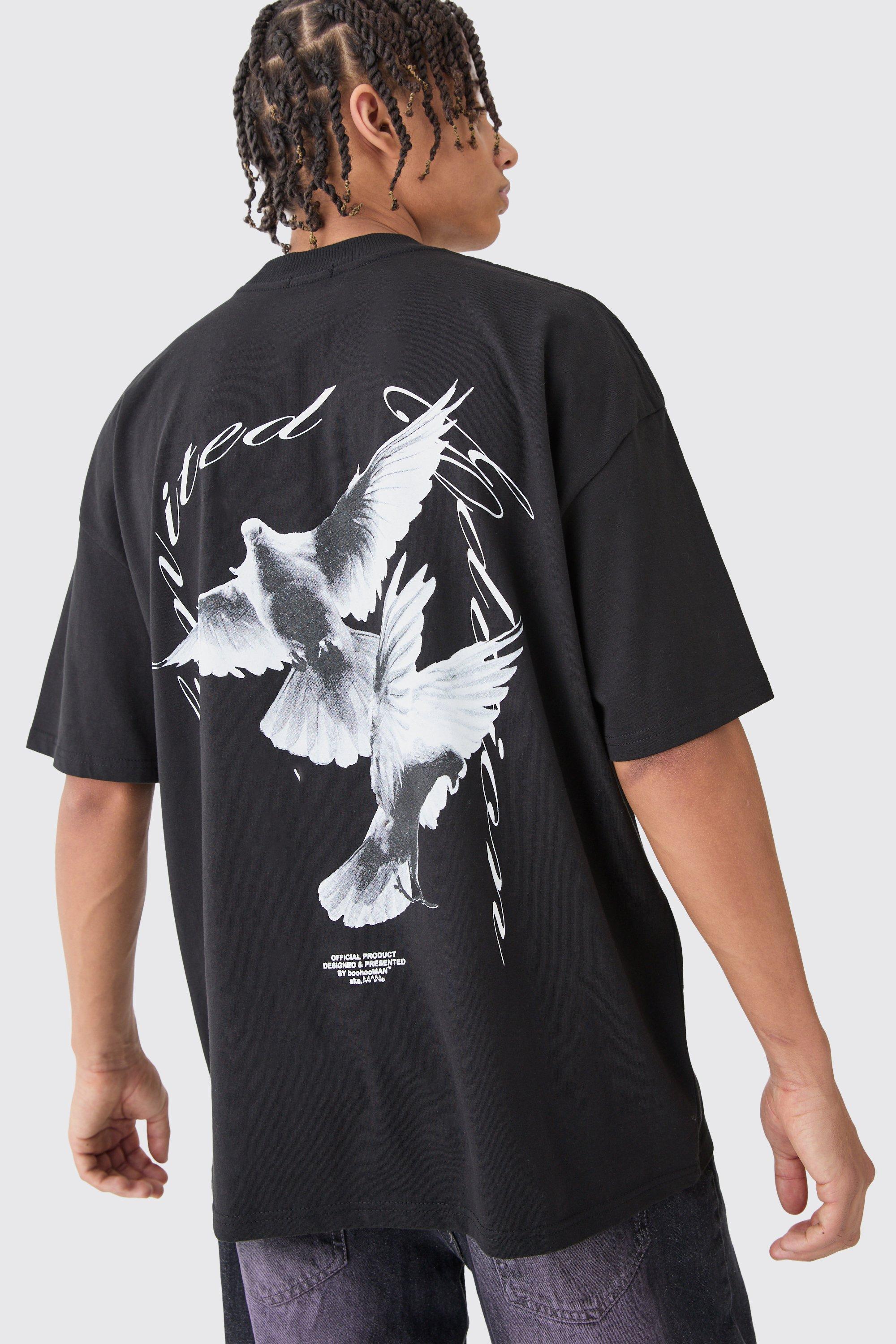 Mens Black Oversized Dove Graphic T-shirt, Black