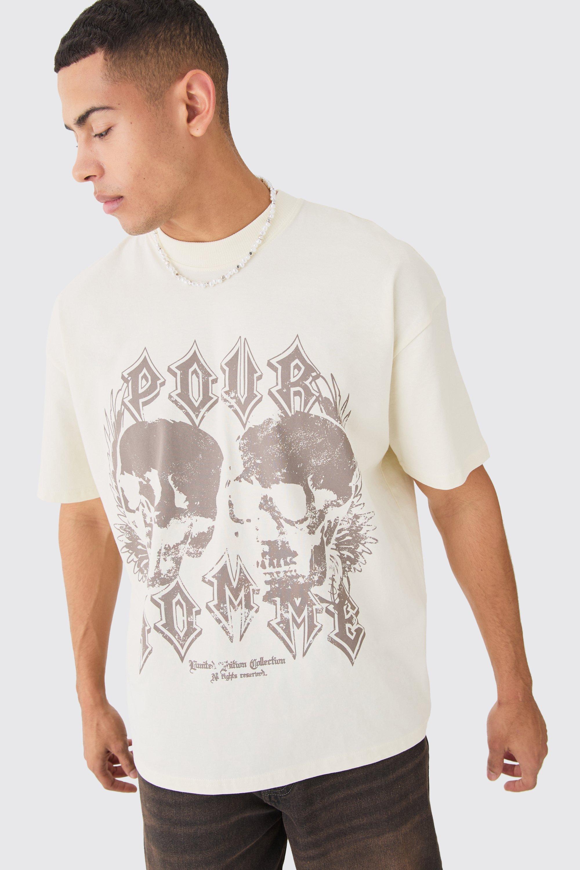 Mens Cream Oversized Skull Graphic T-shirt, Cream