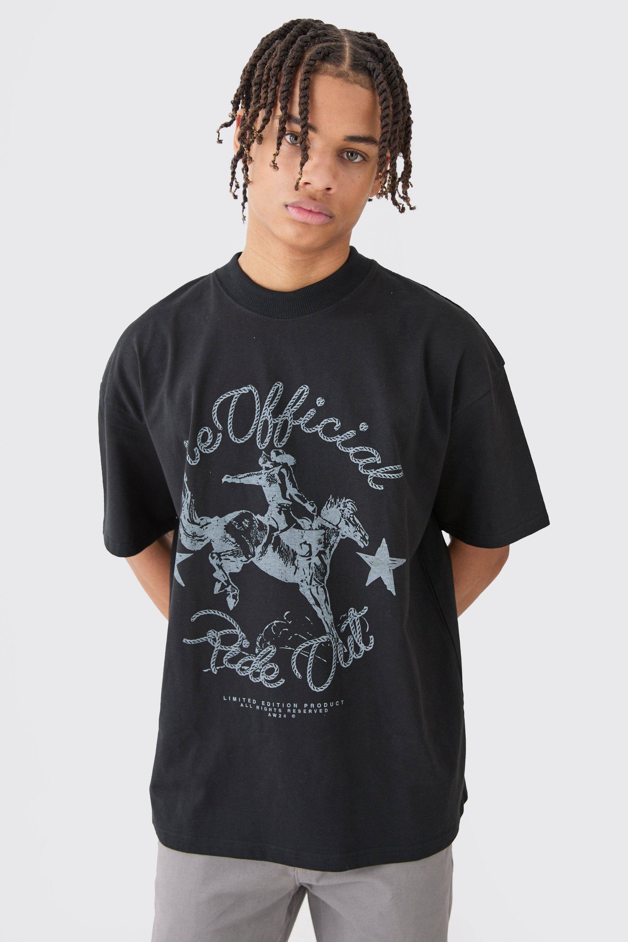 Mens Black Oversized Rodeo Graphic T-shirt, Black