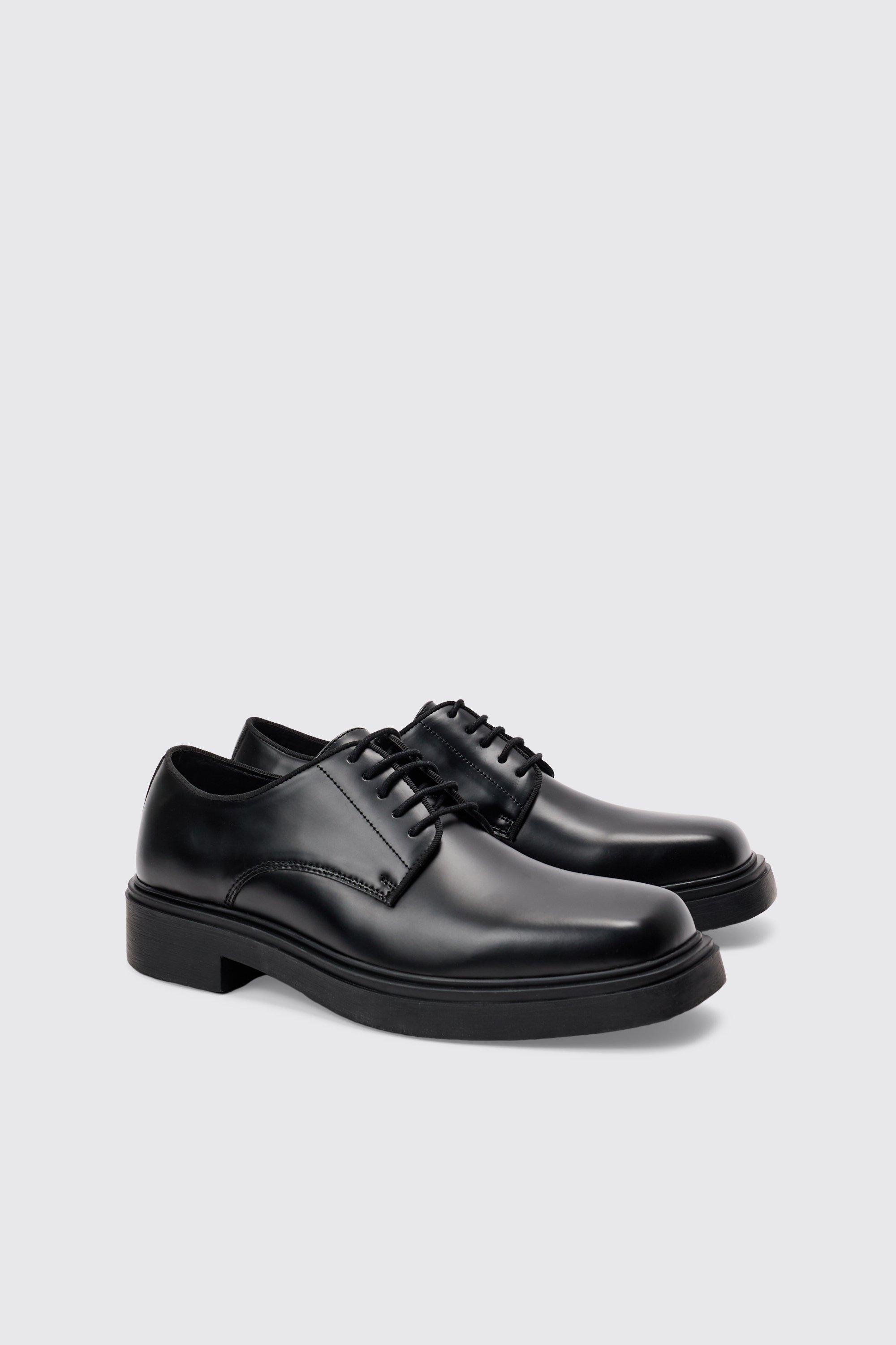 Image of Pu Square Toe Lace Up Loafer In Black, Nero