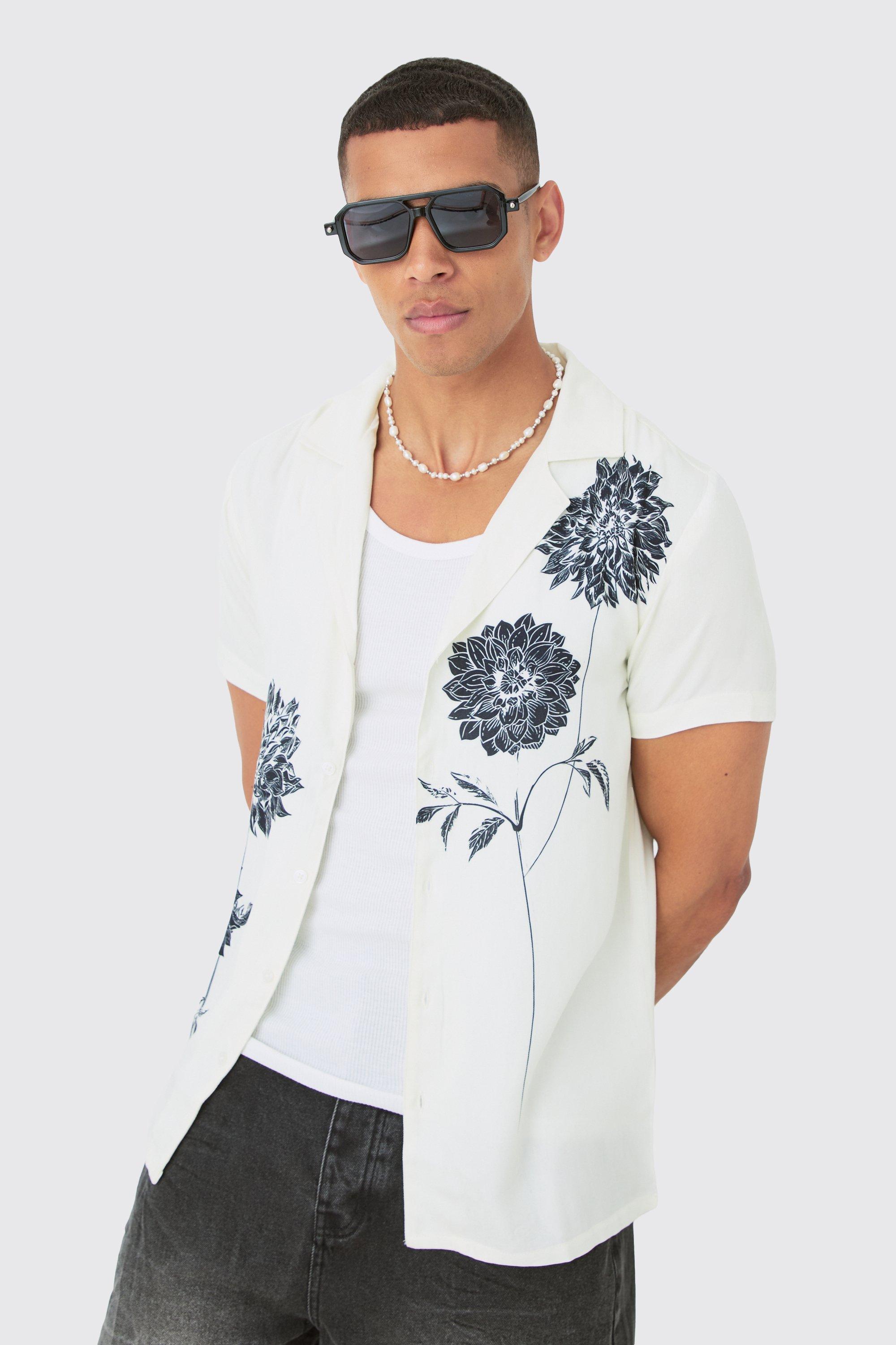 Mens Cream Viscose Sunflower Shirt, Cream