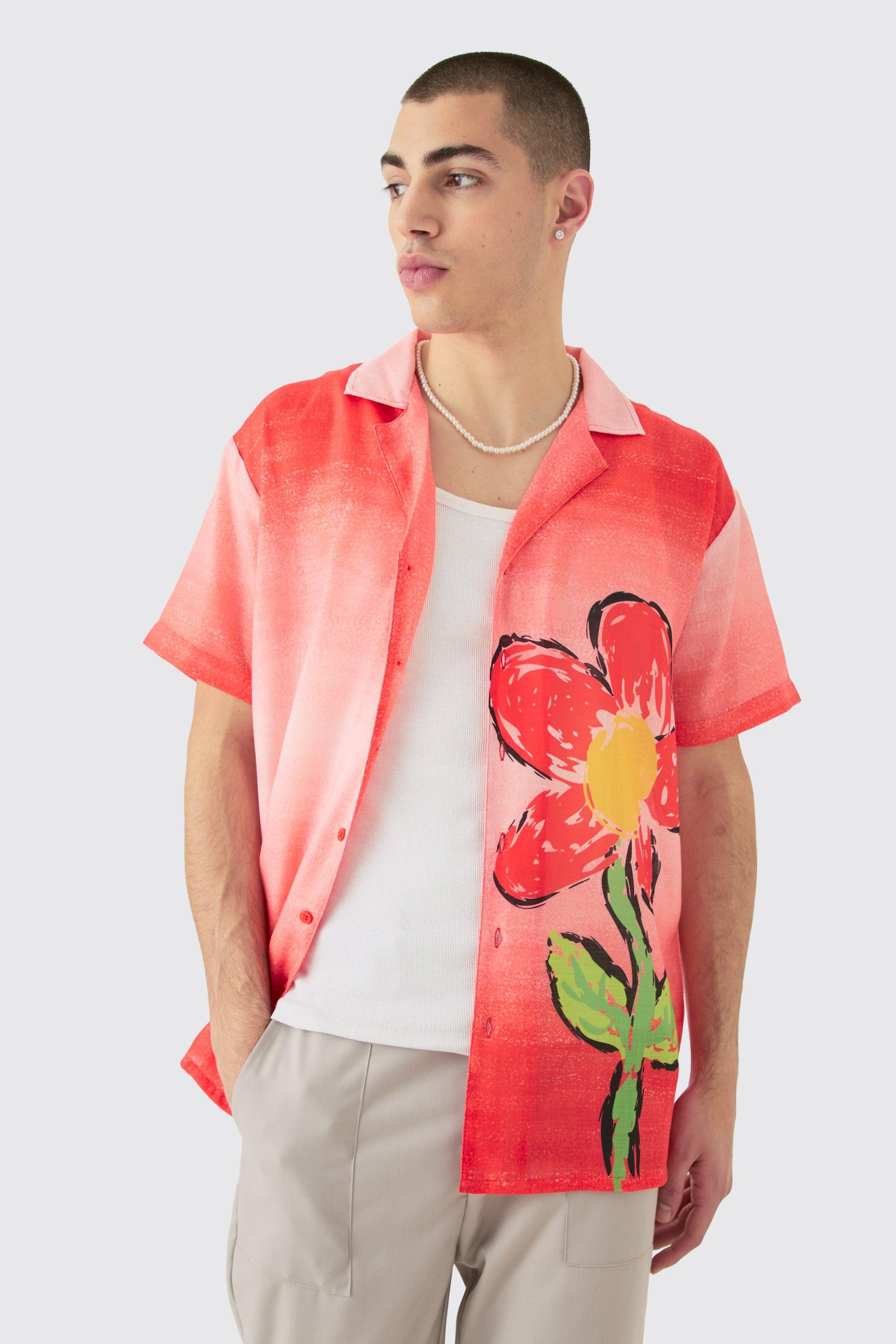 Image of Oversized Ombre Flower Linen Look Shirt, Rosso