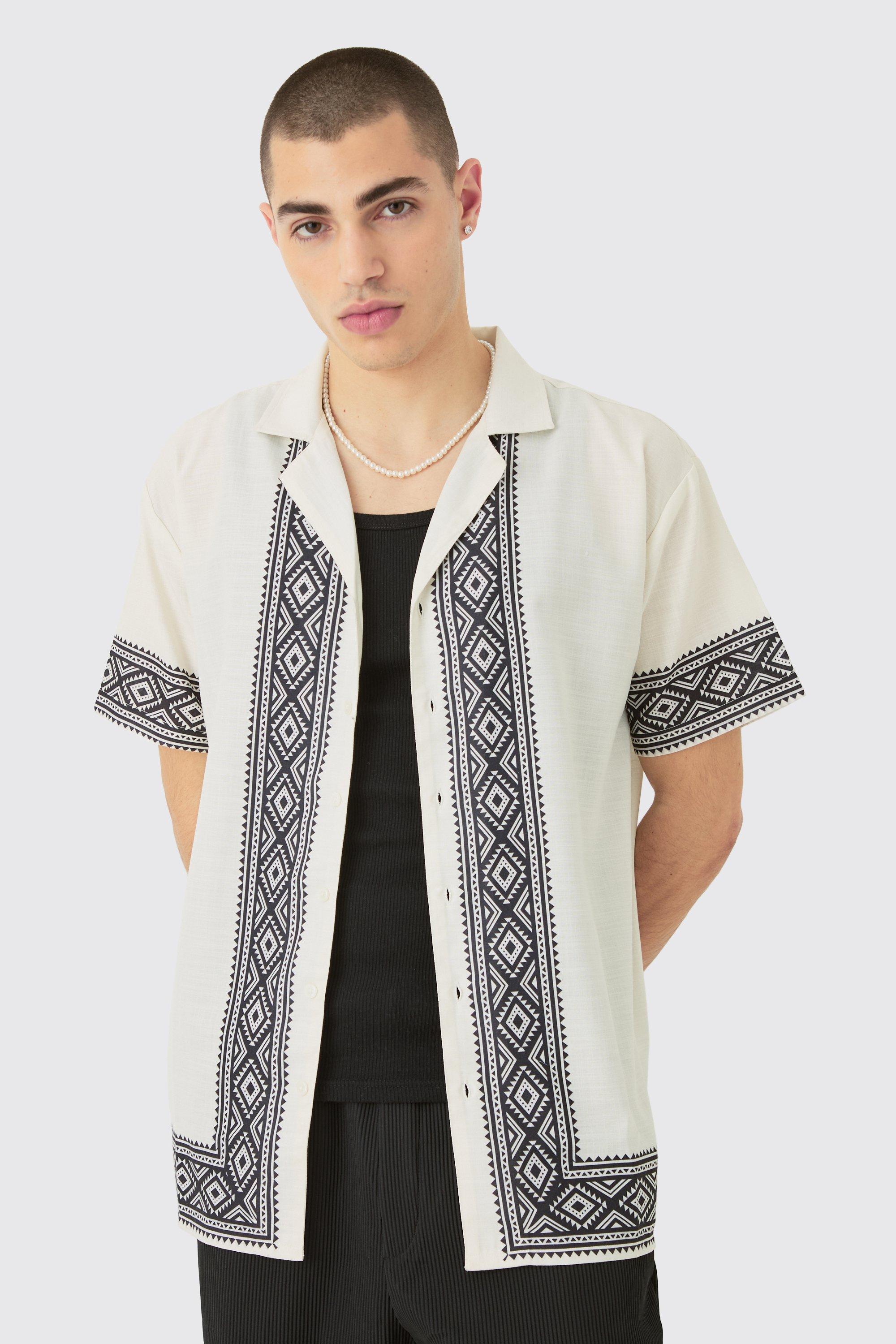 Image of Oversized Linen Look Aztec Border Shirt, Cream