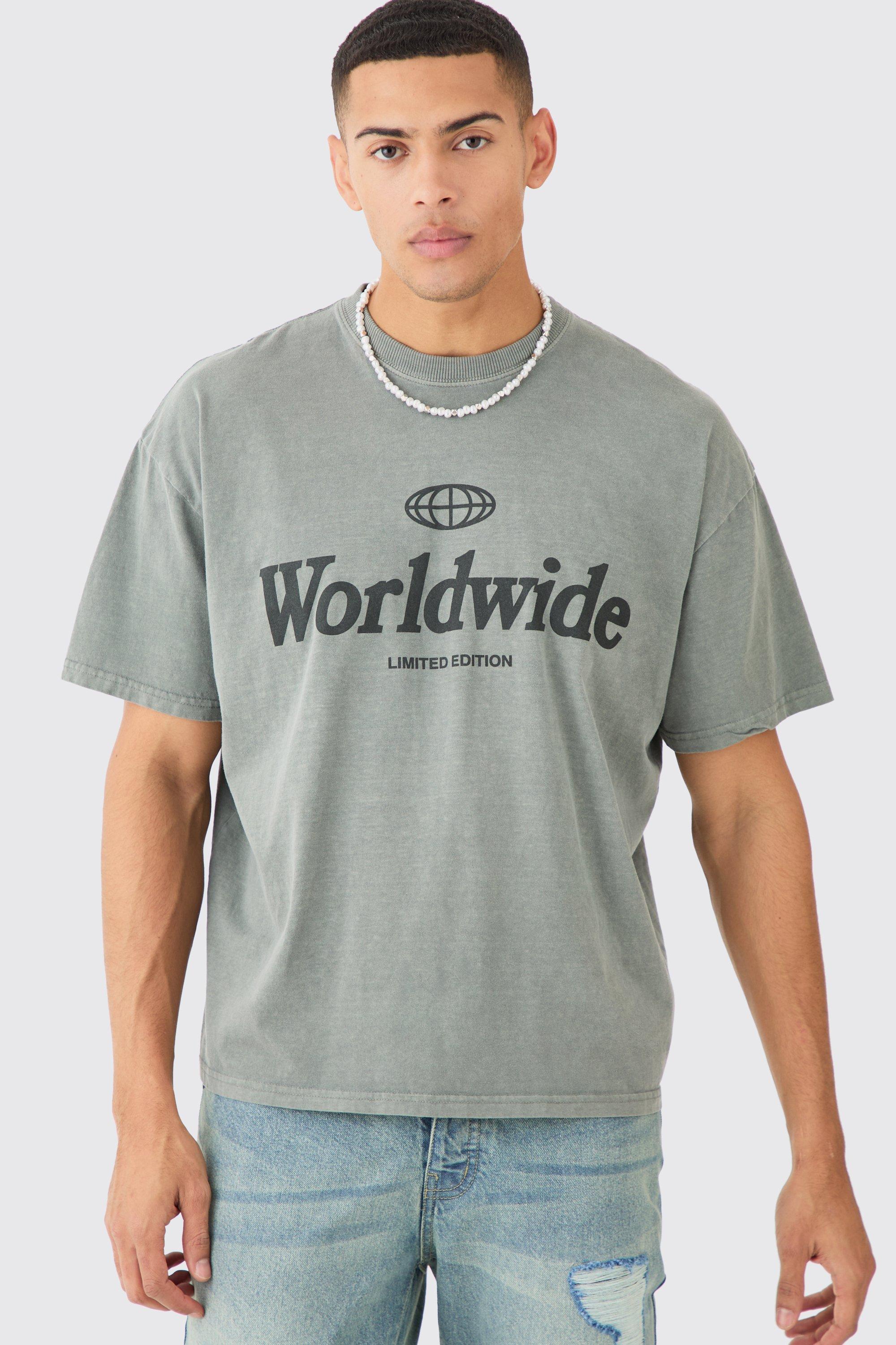 Mens Green Oversized Boxy Overdye Worldwide T-shirt, Green