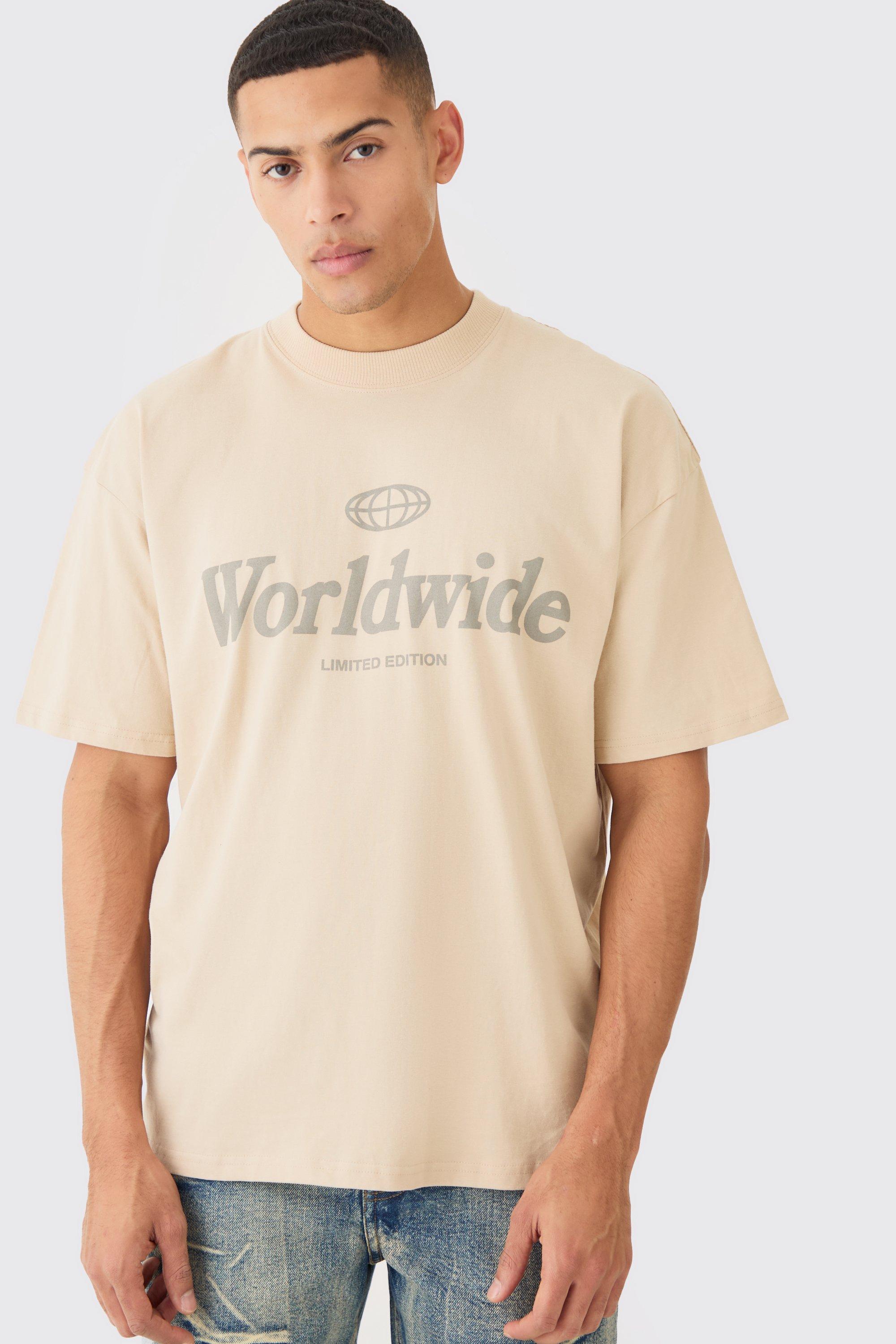 Mens Beige Oversized Worldwide T-shirt, Beige
