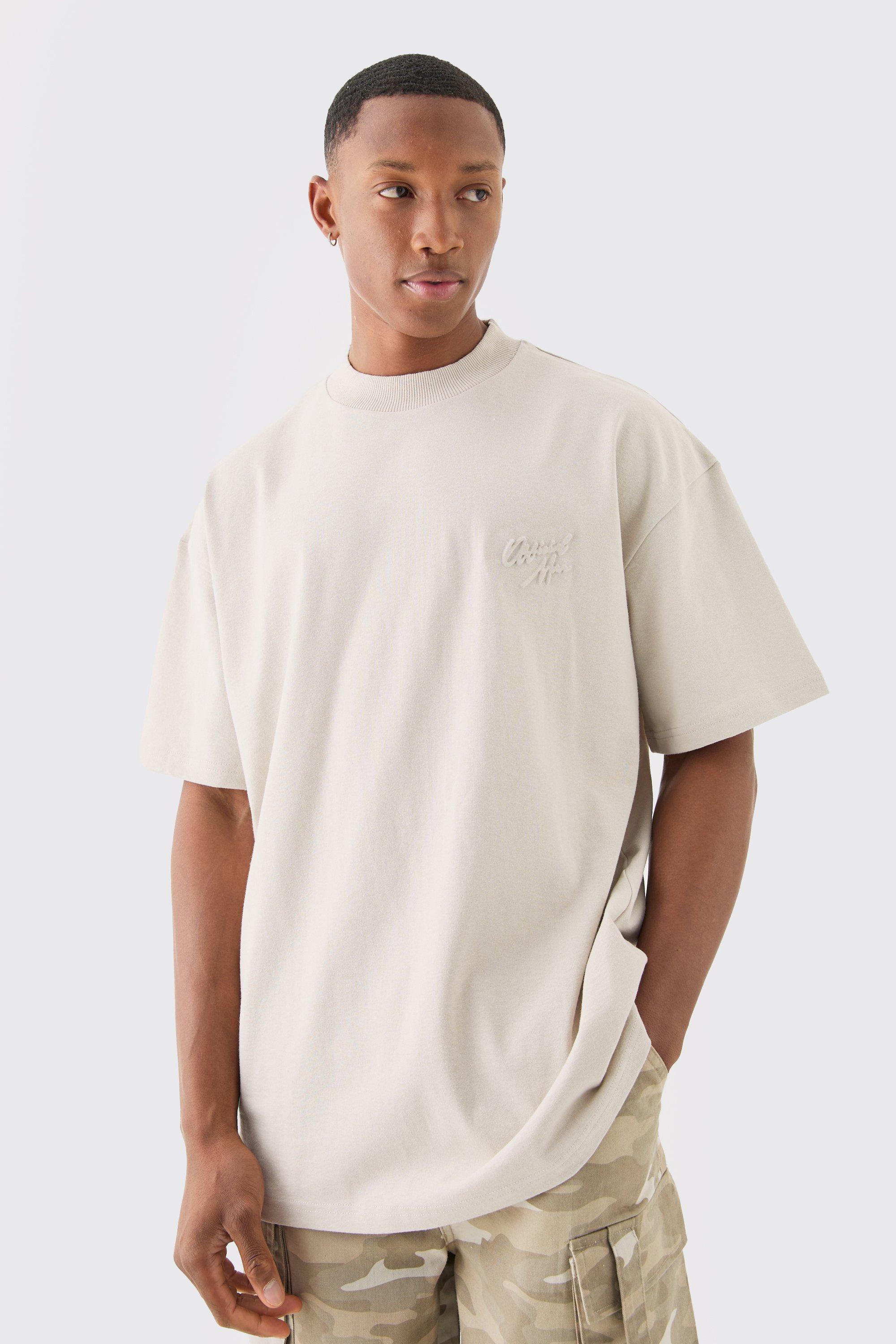 Image of Oversized Extended Neck Official Man Embossed T-shirt, Beige