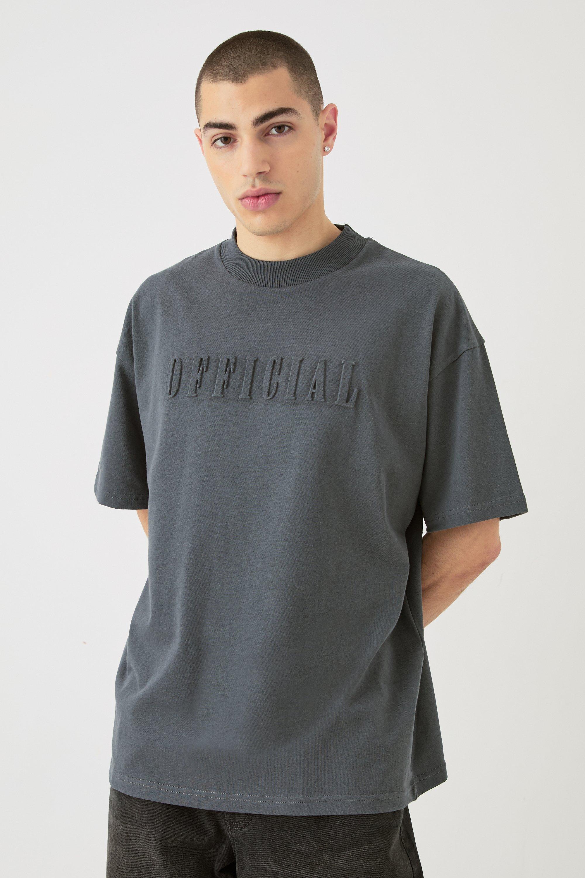 Image of Oversized Extended Neck Official Embossed T-shirt, Grigio