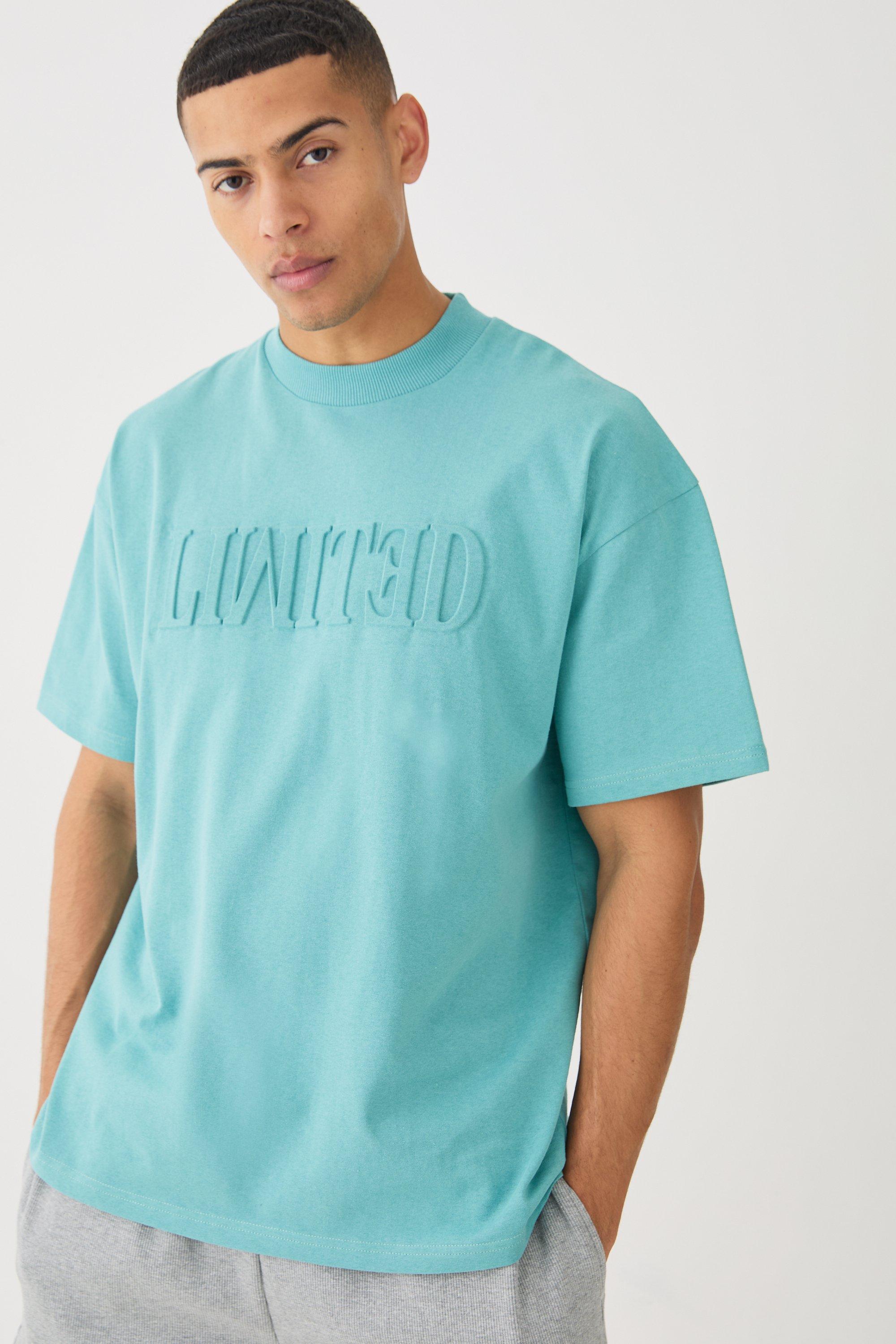 T-shirt oversize Limited con girocollo esteso e incisioni, Azzurro