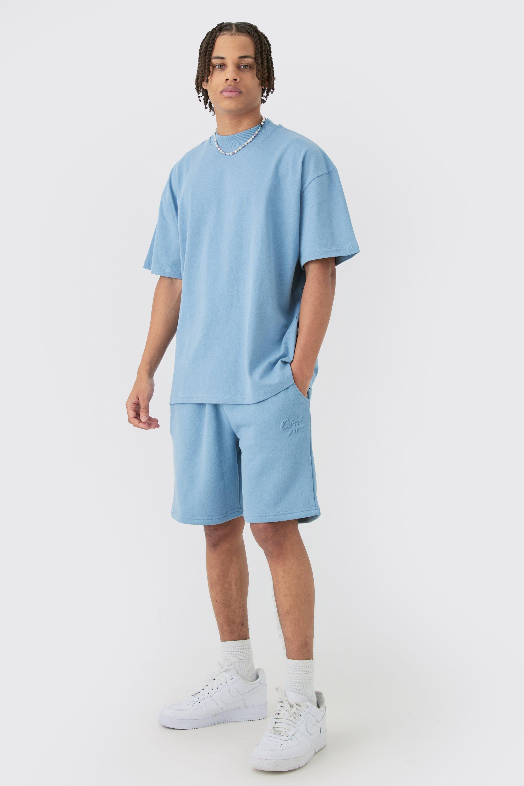 Mens Blue Oversized Extended Neck Official Man Embossed T-shirt & Short Set, Blue