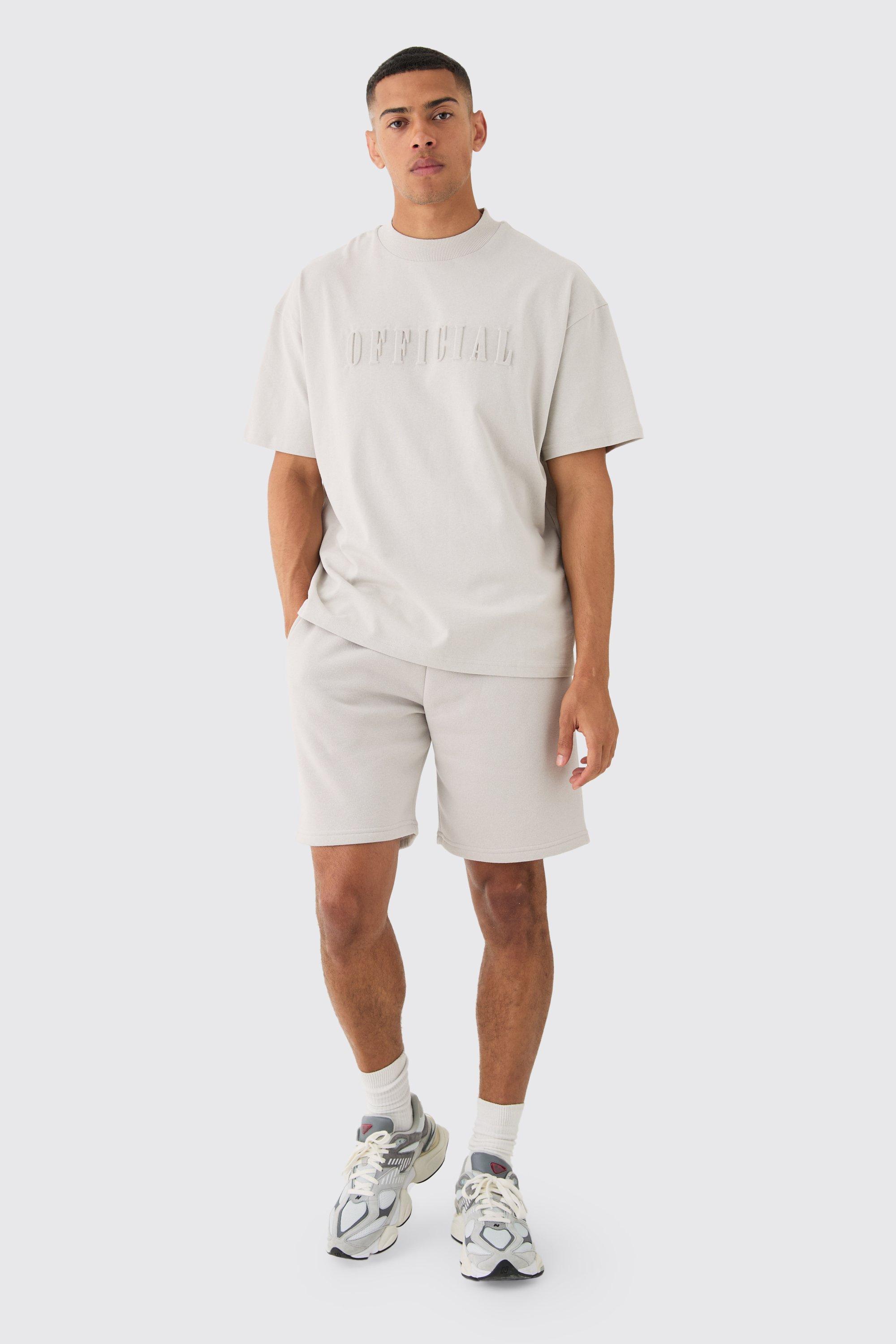 Mens Grey Oversized Extended Neck Official Embossed T-shirt & Short Set, Grey