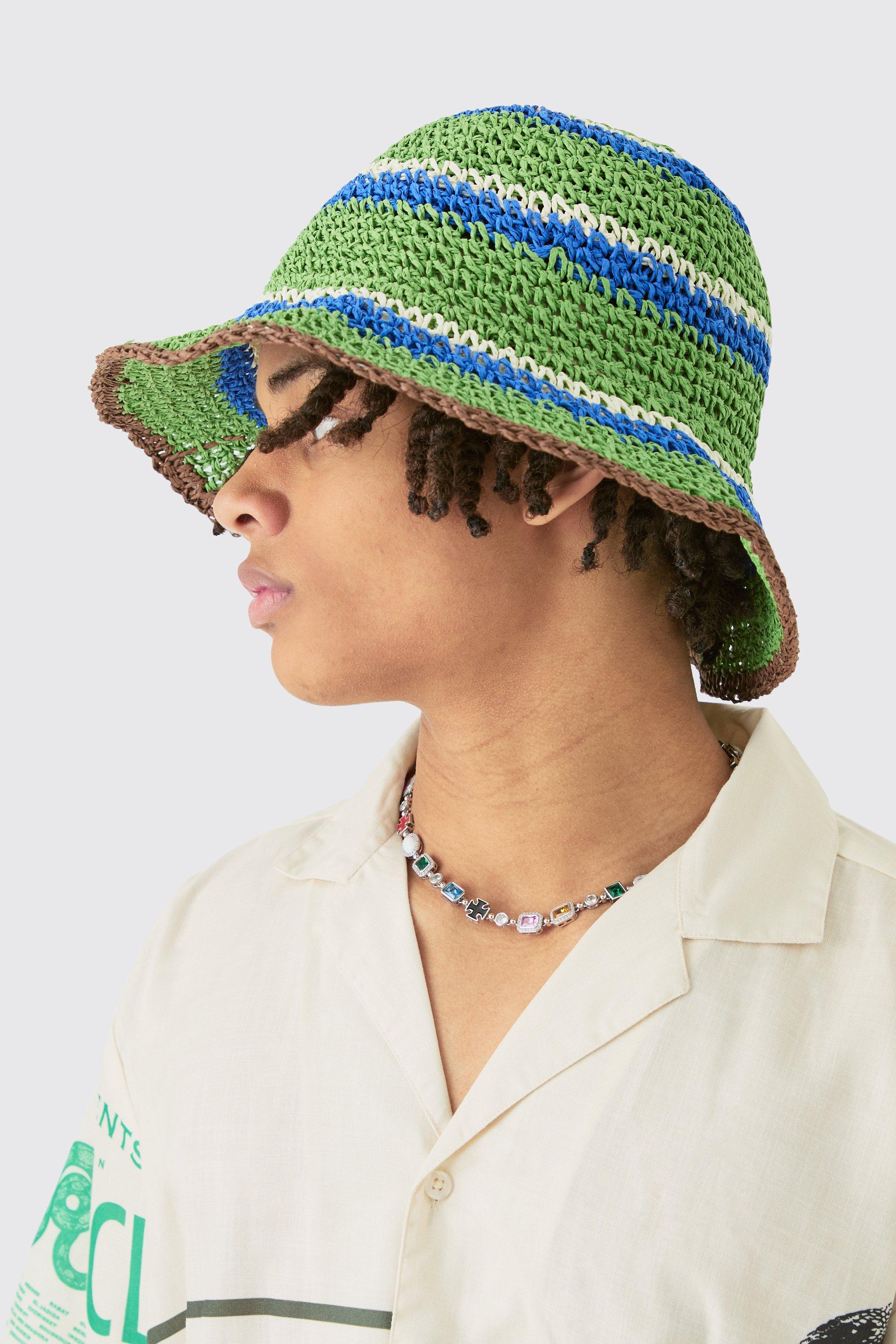 Mens Striped Raffia Bucket Hat In Green, Green