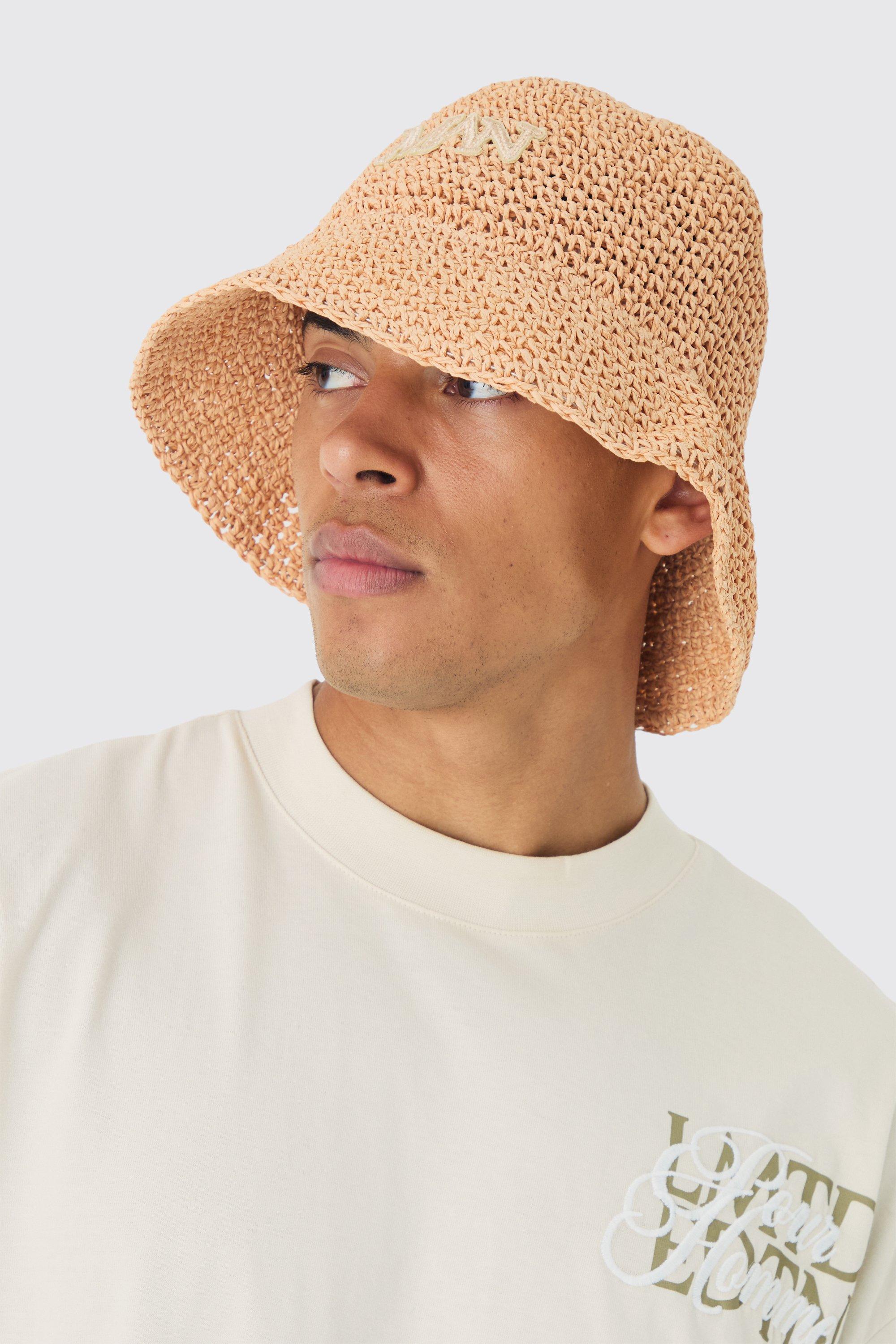 Mens Beige Man Raffia Bucket Hat In Natural, Beige