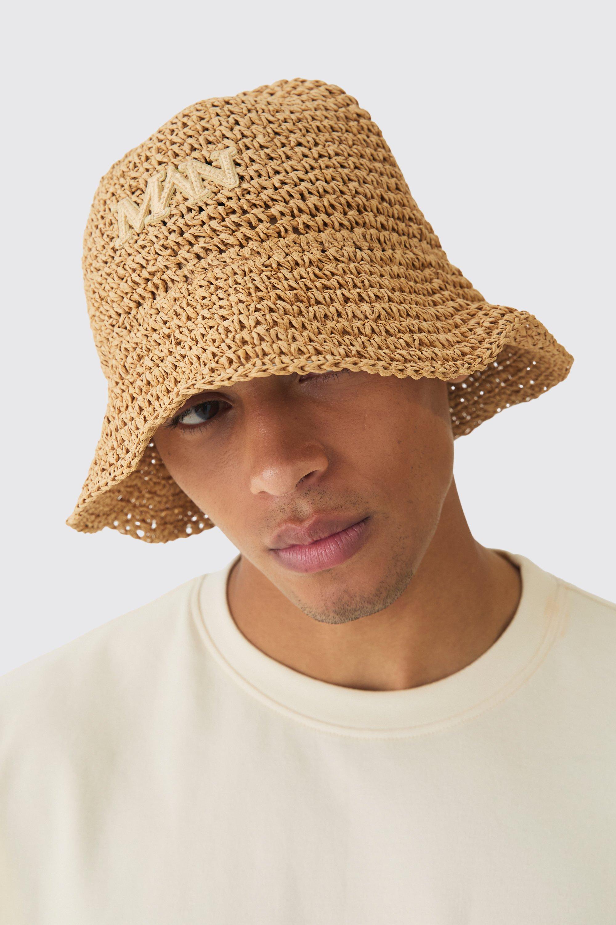 Mens Green Man Raffia Bucket Hat In Khaki, Green