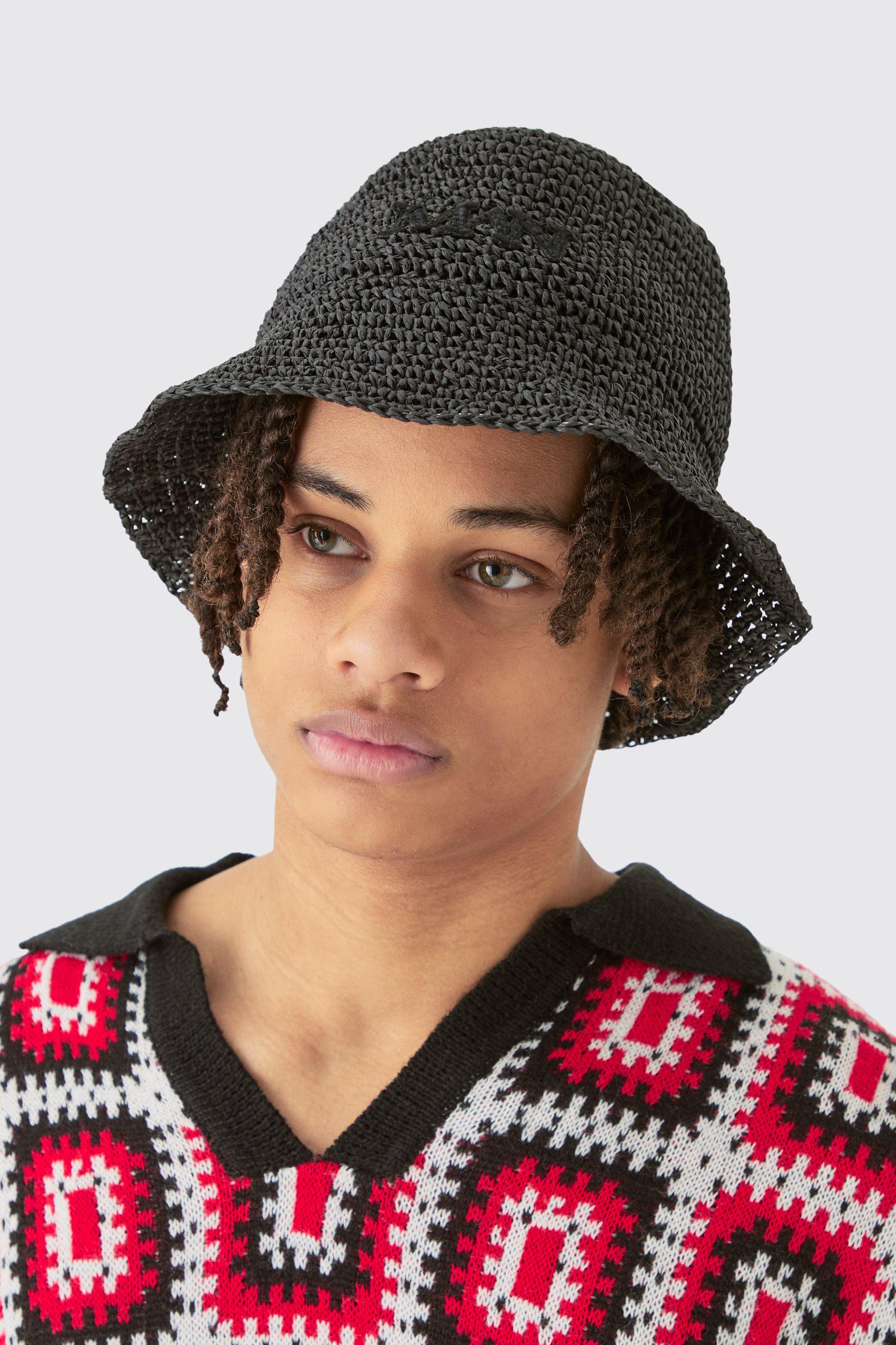 Man Raffia Bucket Hat In Black, Nero