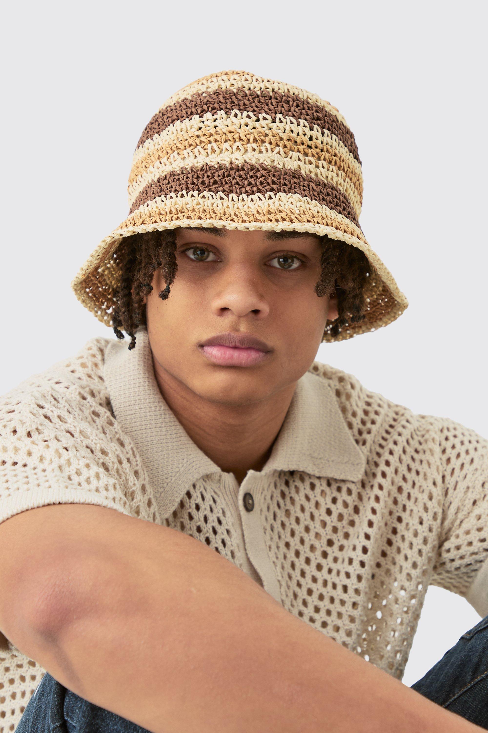 Mens Striped Raffia Hat In Brown, Brown