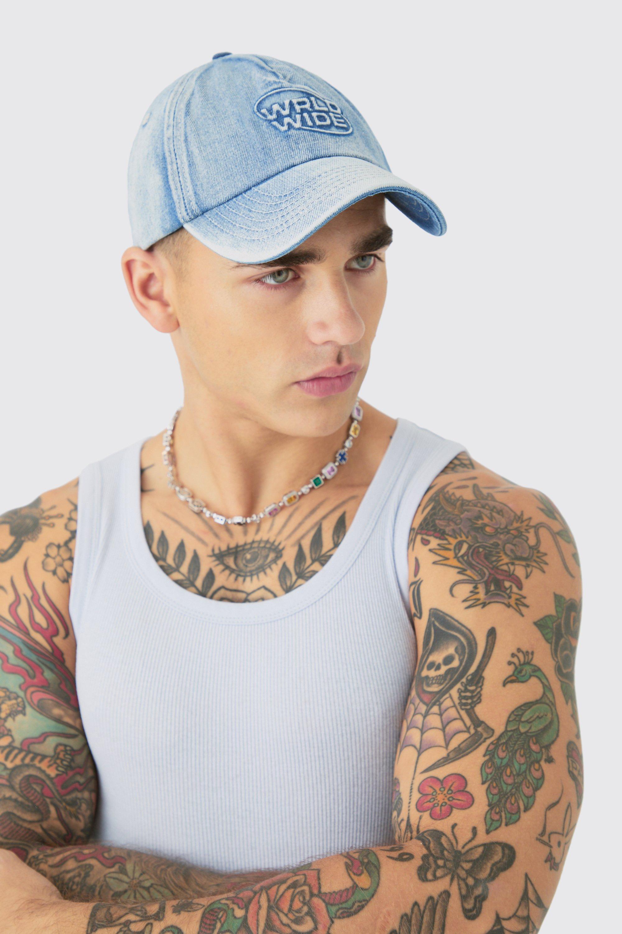 Mens Worldwide Embossed Washed Cap In Blue, Blue