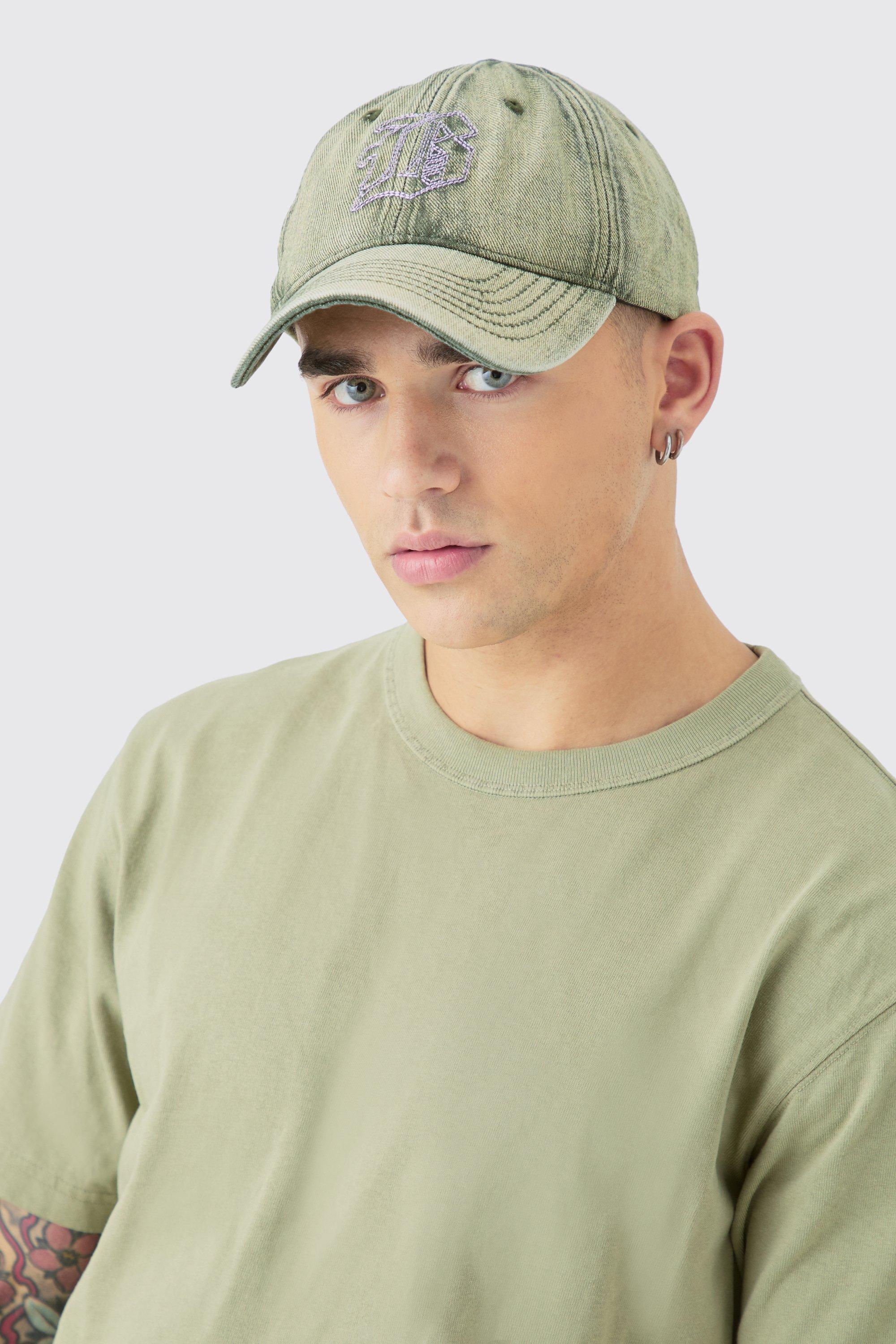 Mens B Embroidered Washed Denim Cap In Green, Green