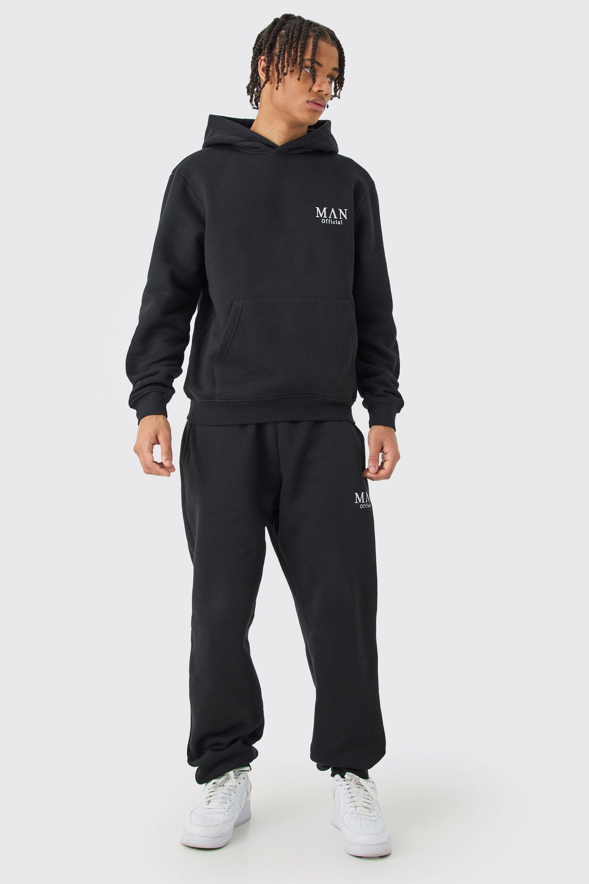 Mens Black Regular Fit Man Basic Hooded Tracksuit, Black