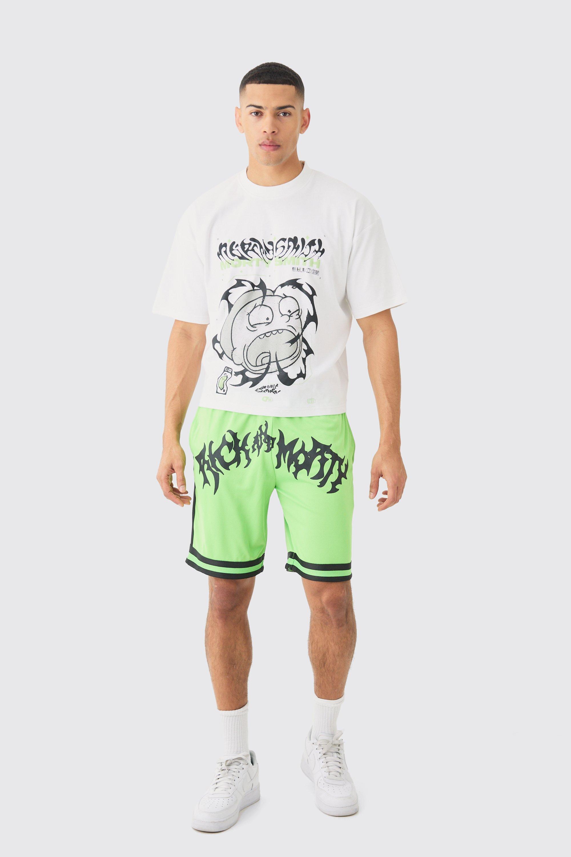 Image of Oversized Boxy Rick And Morty License T-shirt And Mesh Short Set, Verde